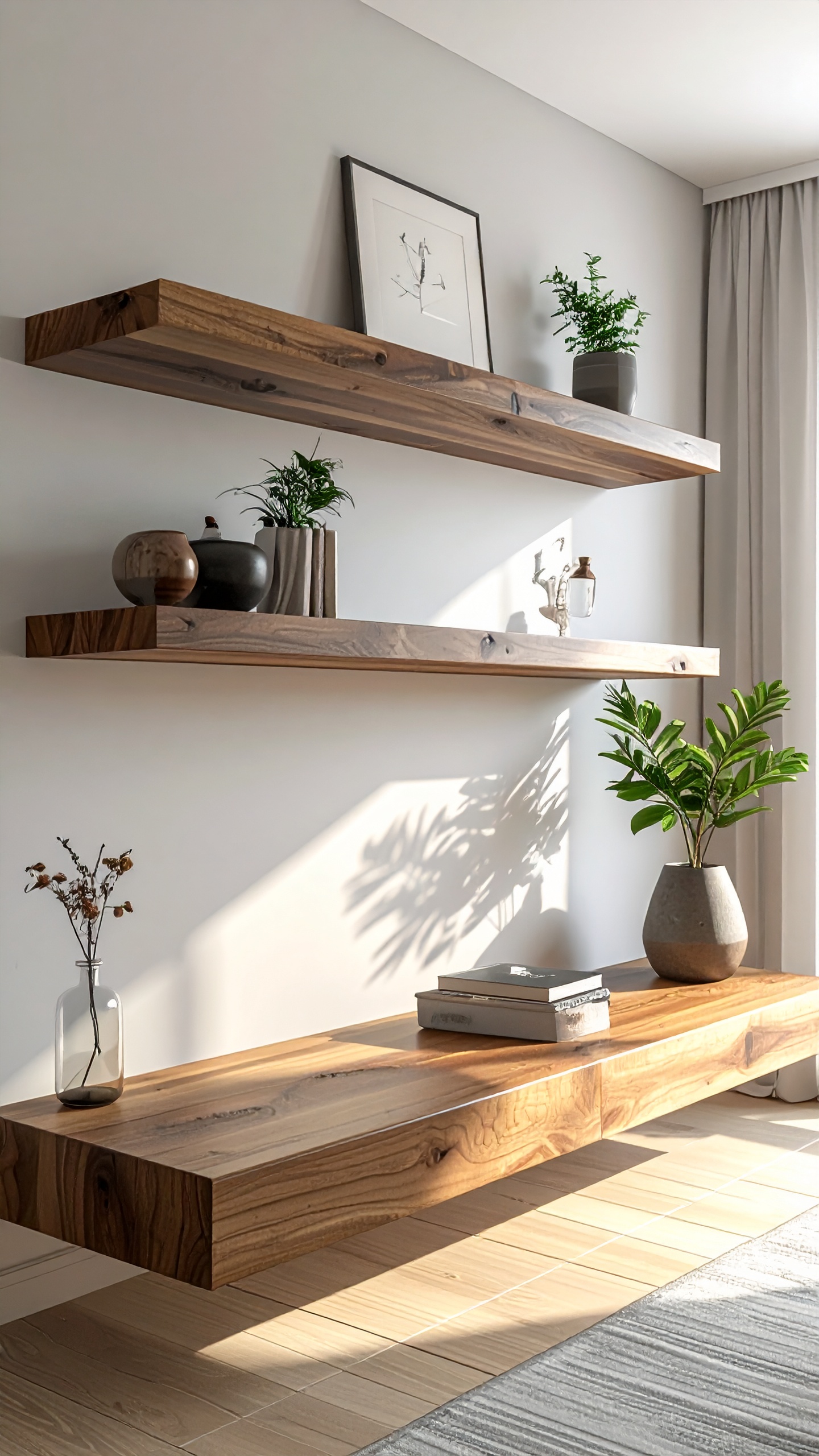 Sala de estar minimalista com prateleiras de madeira flutuante, decoradas com plantas em vasos e livros dispostos cuidadosamente. Iluminação natural suave, destacando tons quentes e textura das prateleiras. Ambiente organizado, com composição equilibrada e estética moderna, criando sensação de serenidade e elegância. O piso claro complementa as cores neutras das paredes e cortinas.