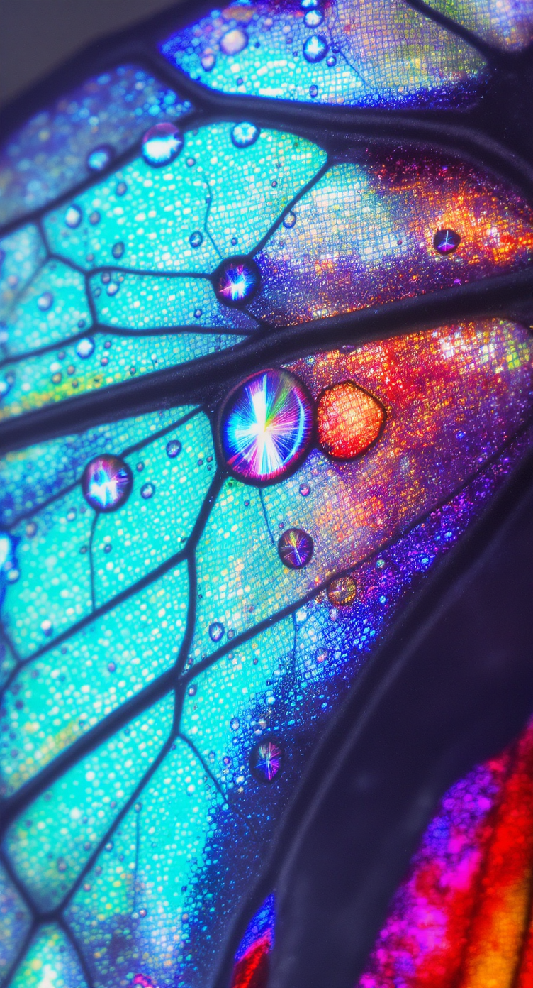 Asa de borboleta iridescente em close-up revela um padrão vibrante e detalhado. Essa imagem destaca as complexidades e a beleza natural das asas de insetos, sendo ideal para uso em materiais educacionais ou artísticos. Os tons de azul, roxo e laranja criam um efeito visual cativante e quase hipnótico. É perfeita para aplicar em decoração de ambientes que buscam inspiração na natureza. A singularidade das cores e texturas pode inspirar projetos de design inovadores.