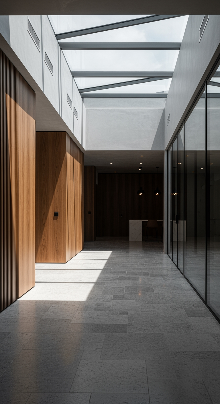 Corredor moderno com teto de vidro e paredes de madeira. Ideal para ambientes corporativos que buscam sofisticação e luz natural. As linhas retas e a combinação de materiais destacam o design contemporâneo. Perfeito para escritórios e espaços comerciais que valorizam a estética clean. A integração de luz natural proporciona um ambiente acolhedor e produtivo.