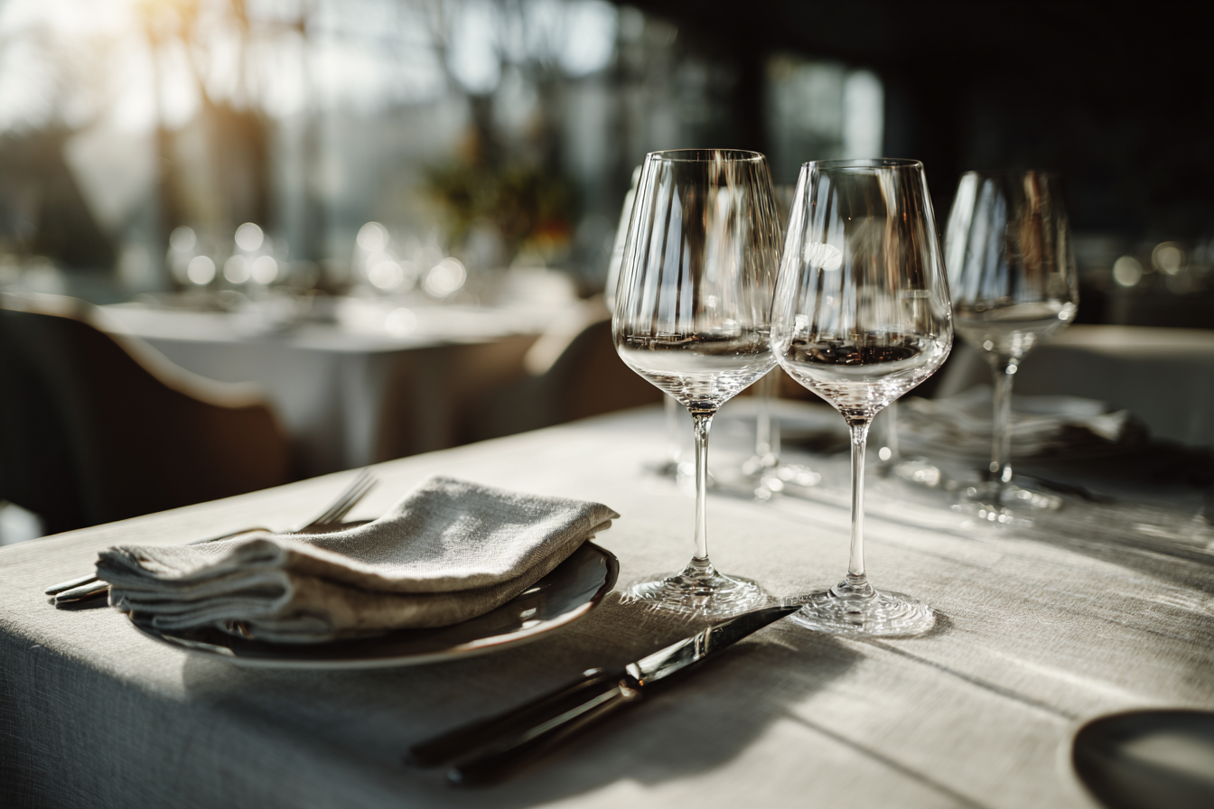 Mesa elegantemente posta em um restaurante, apresentando dois copos de vinho cristalinos, um prato com guardanapo de linho e talheres prateados. A luz suave do sol ilumina o ambiente, criando uma atmosfera acolhedora e sofisticada.