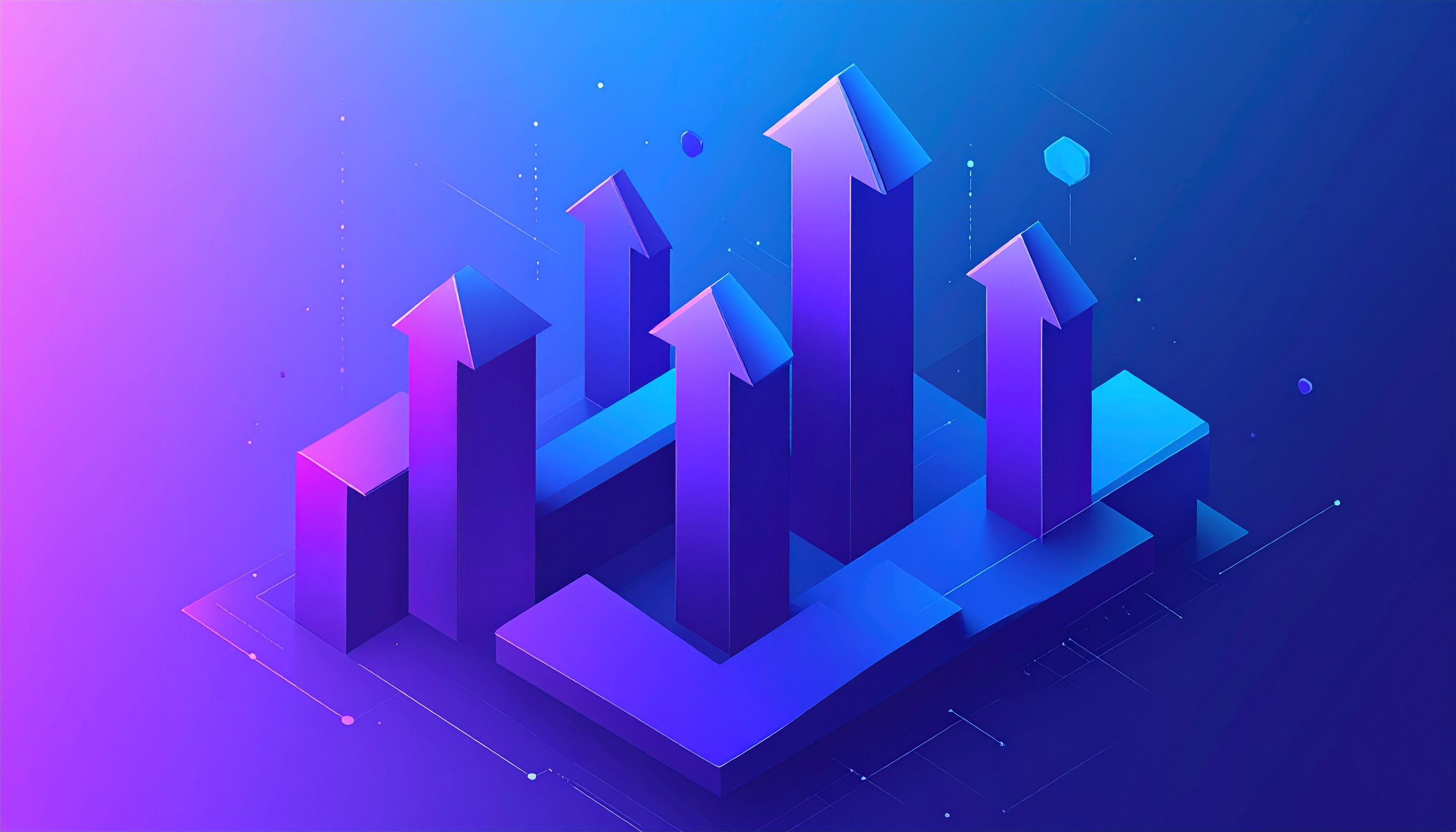 A digital illustration features upward-pointing arrows in vibrant blue and purple hues