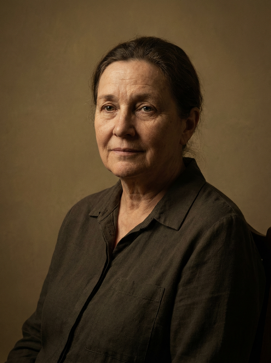 An elderly woman with a serene expression sits against a neutral background