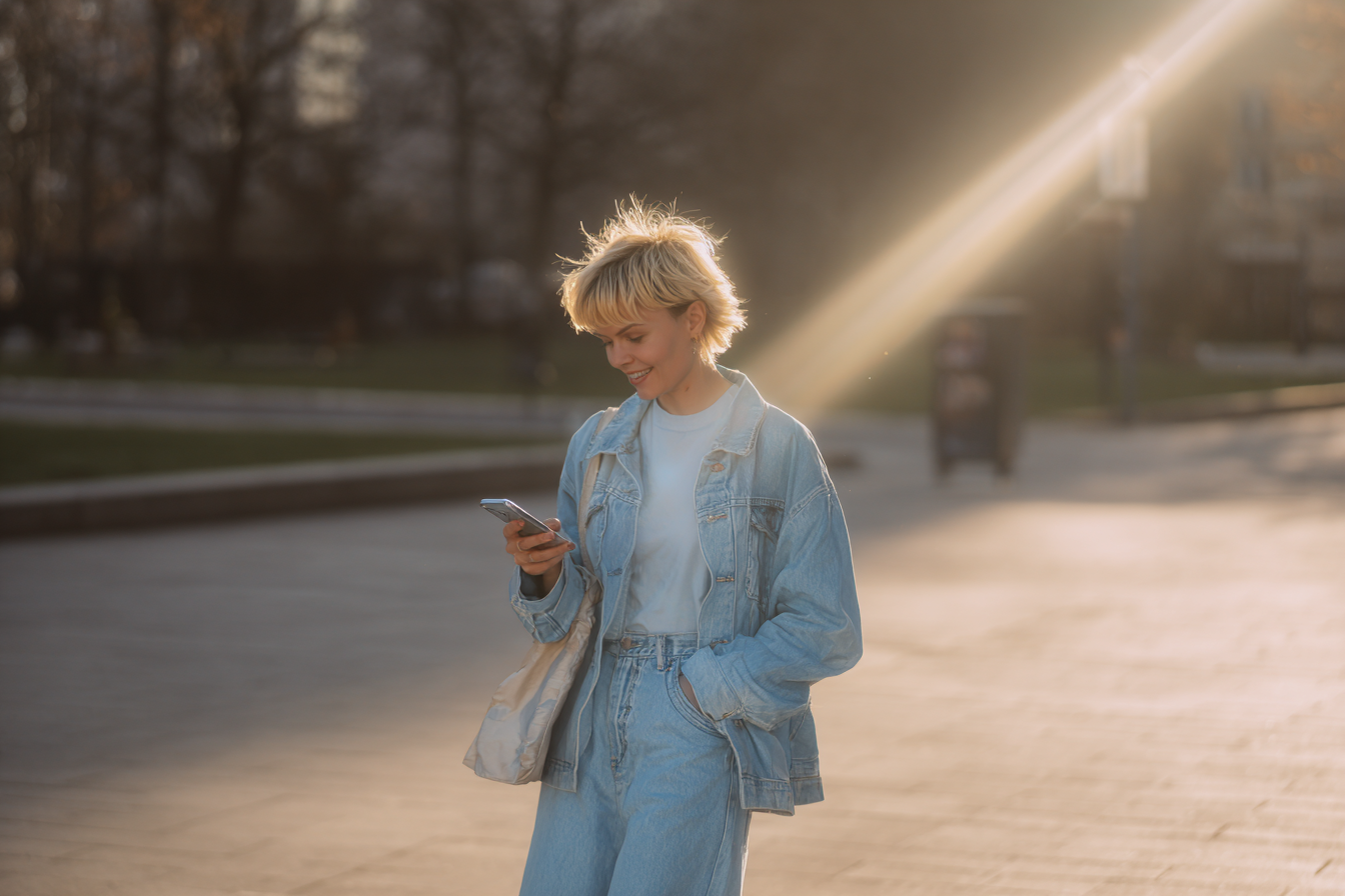 Jovem sorridente caminha em parque urbano ao pôr do sol, usando jaqueta jeans casual, enquanto verifica mensagem no celular sob luz suave e dourada.