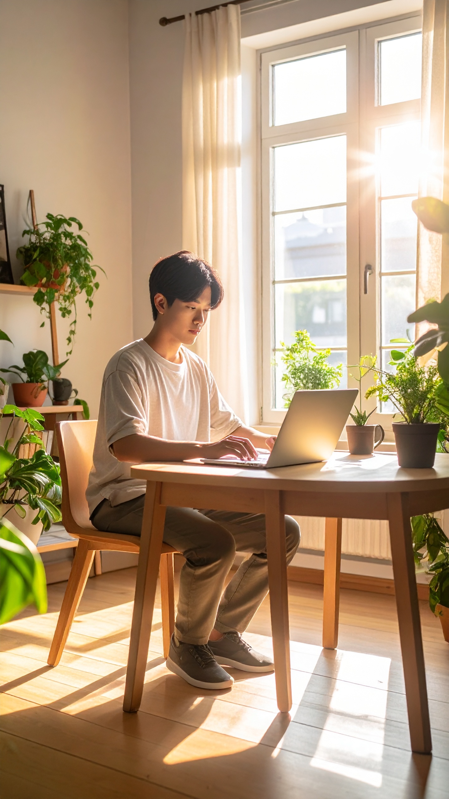 A young person works on a laptop in a sunlit room filled with plants