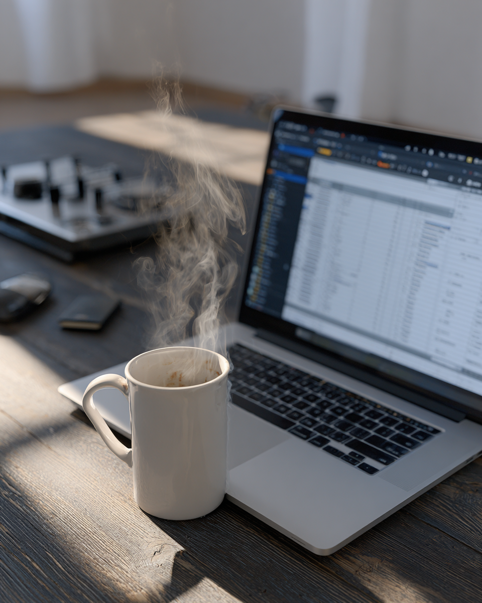 Uma xícara de café fumegante ao lado de um laptop aberto sobre uma mesa de madeira, em um ambiente de escritório iluminado pela luz do sol. A atmosfera é tranquila e produtiva, ideal para trabalho remoto ou estudo, capturando a essência de um espaço moderno e funcional.
