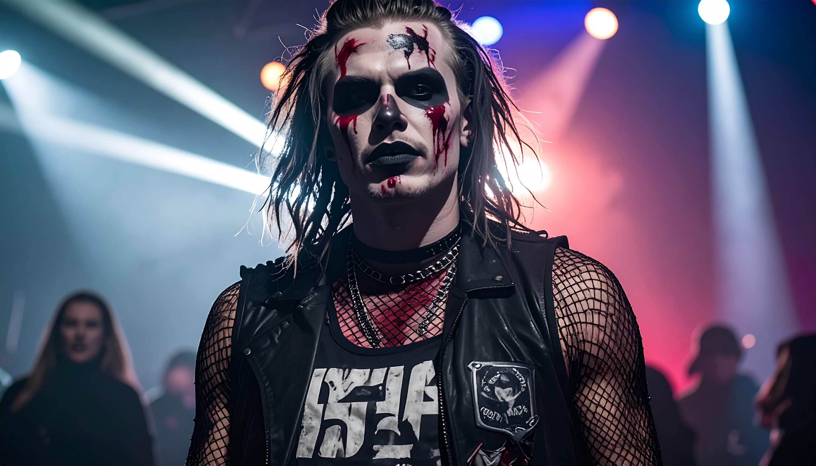 A person with dramatic makeup and punk rock attire stands under vibrant stage lights