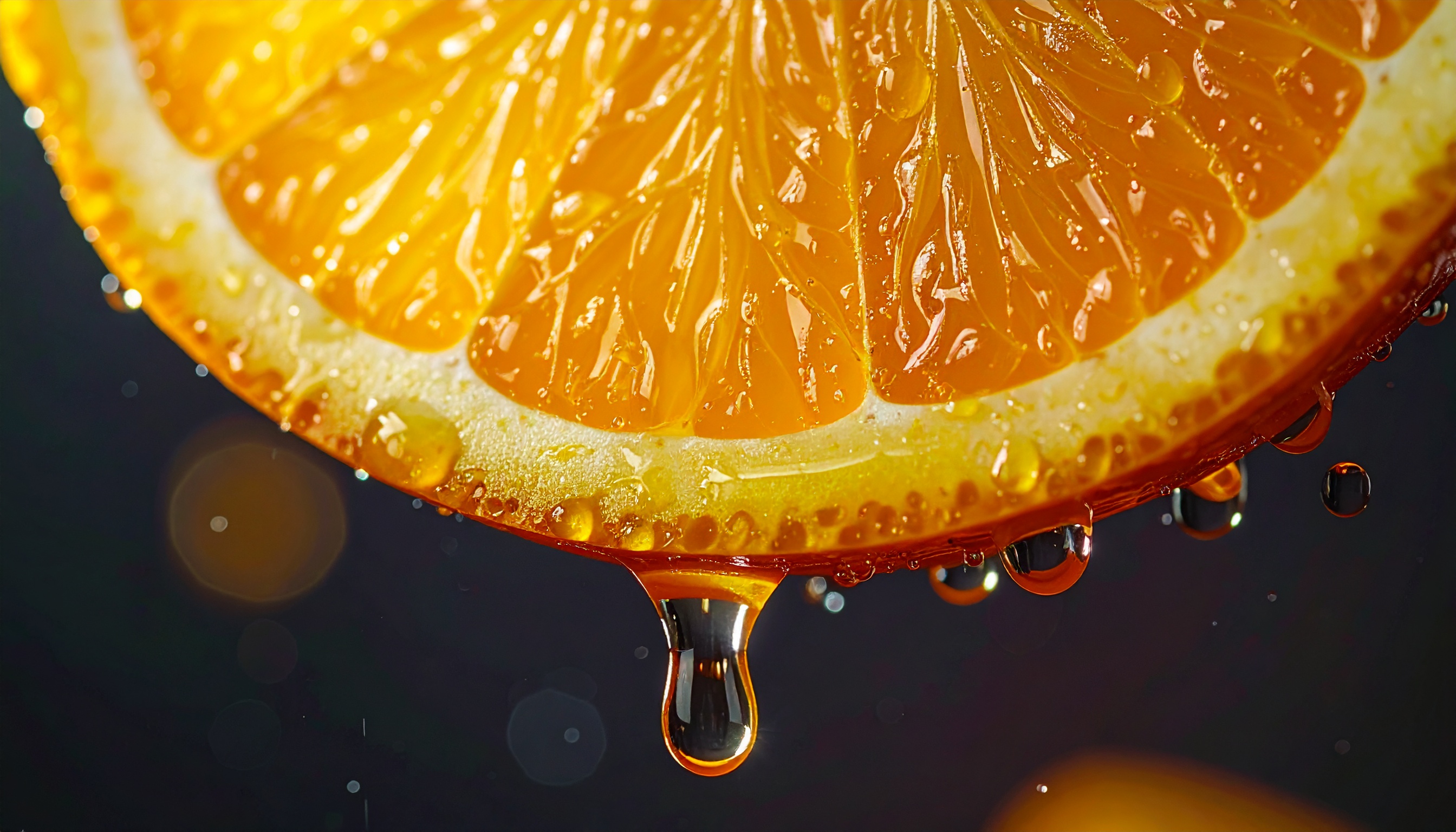 Close-up of a Juicy Orange Slice with Glimmering Juice Drops