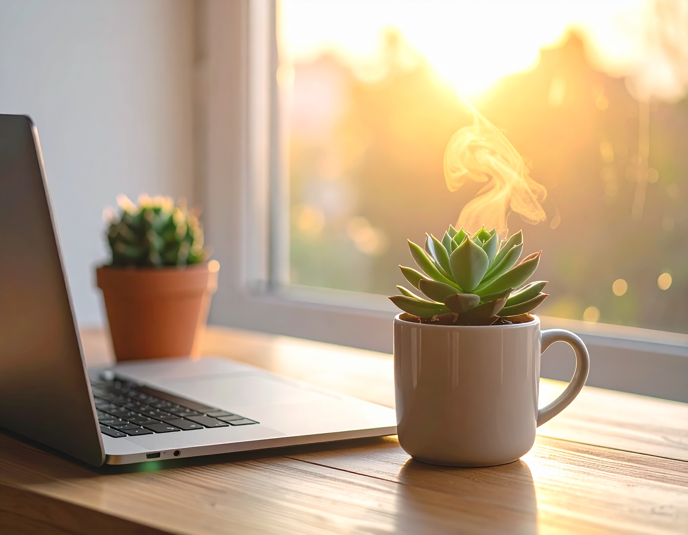 A sleek laptop sits on a wooden desk beside a succulent in a mug