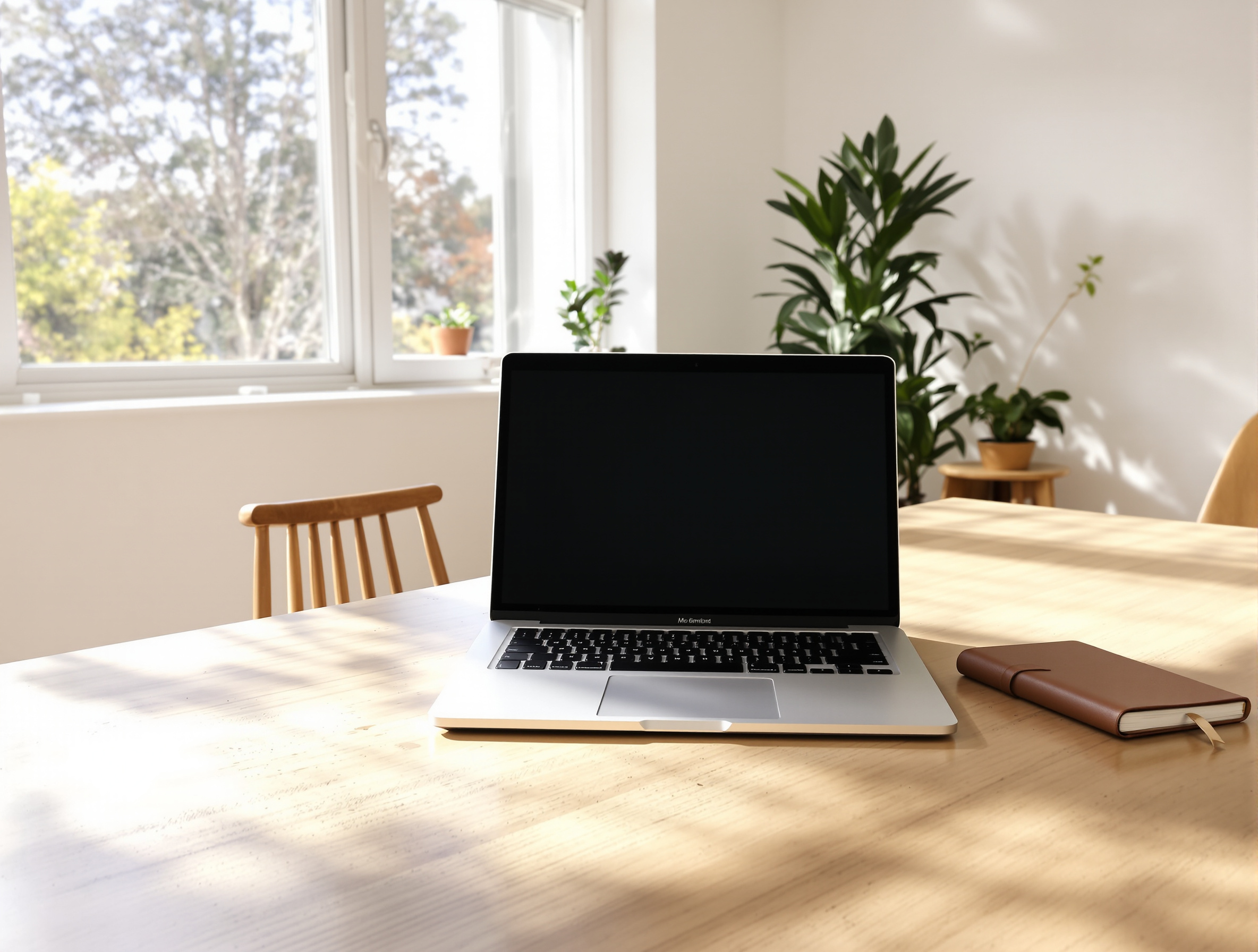 Uma mesa de madeira clara em um ambiente iluminado por luz natural, com um laptop prateado e um caderno marrom ao lado. Plantas verdes ao fundo e uma cadeira de madeira completam a cena, criando um ambiente minimalista e aconchegante. A composição é equilibrada, com foco no centro da mesa, e a luz suave destaca os detalhes dos objetos.