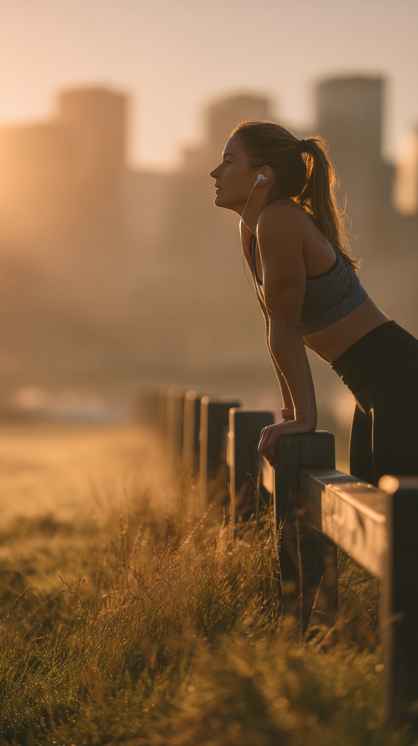 A imagem apresenta uma mulher em destaque, perfilada contra um fundo de cidade ao amanhecer. As cores dominantes incluem tons quentes de laranja e dourado, criados pela luz do sol que ilumina a cena. A composição é marcada pela posição da mulher, que está apoiada em uma cerca de madeira, enquanto o fundo desfocado sugere uma paisagem urbana. A grama ao redor parece suave e iluminada, adicionando um toque natural ao ambiente.