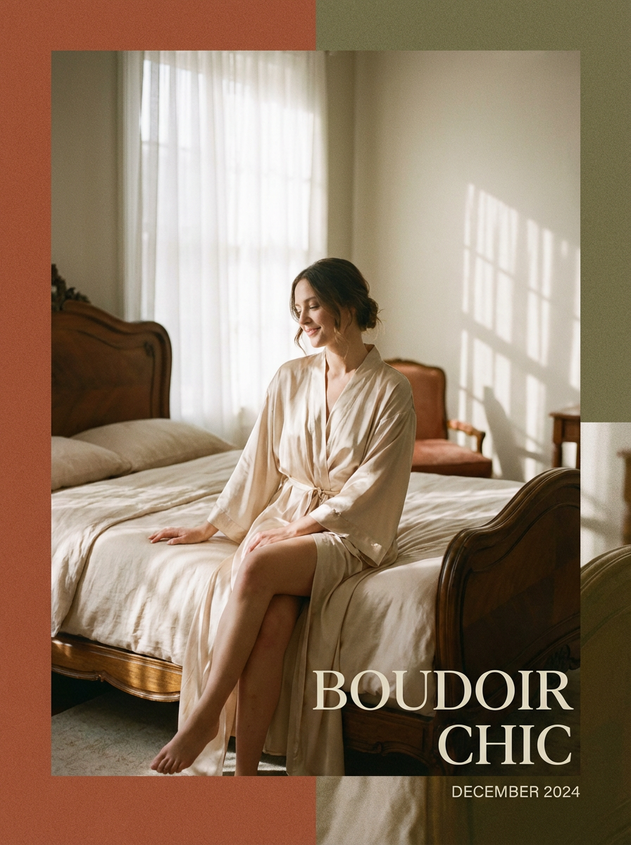 A woman in a luxurious silk robe sits gracefully on a vintage-style bed, bathed in