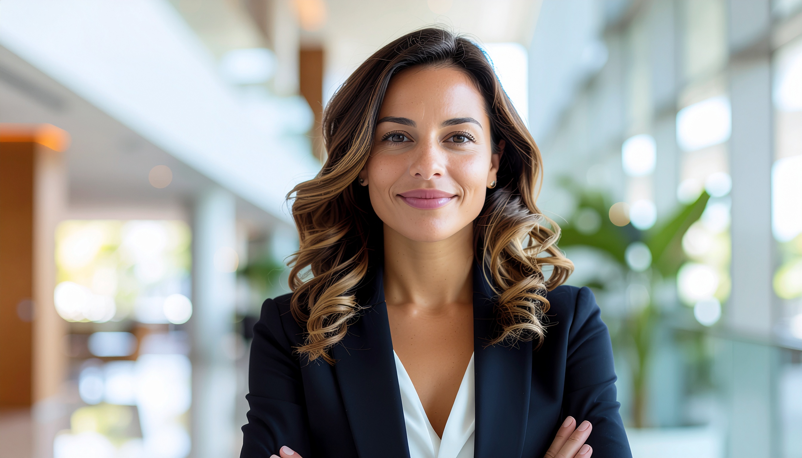 Retrato de uma mulher sorridente em ambiente corporativo moderno, com iluminação natural suave evidenciando detalhes faciais. Ela veste blazer preto sobre blusa branca, sugerindo confiança e profissionalismo. Fundo desfocado com plantas e janelas amplas, criando atmosfera luminosa e acolhedora. Composição centralizada e nítida.