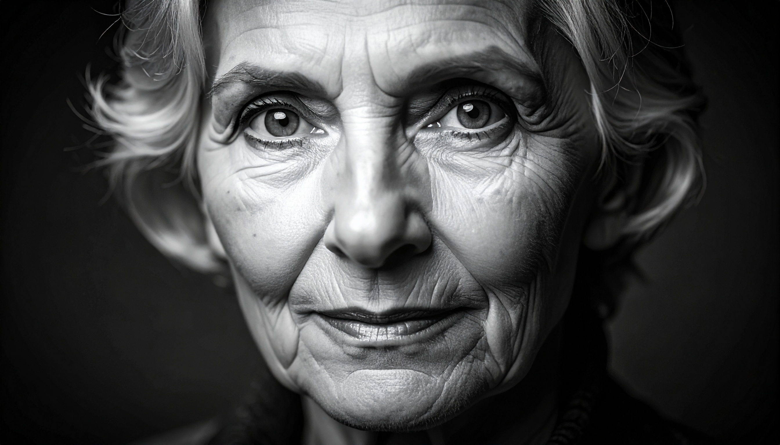 A striking black and white portrait captures the expressive face of an elderly woman