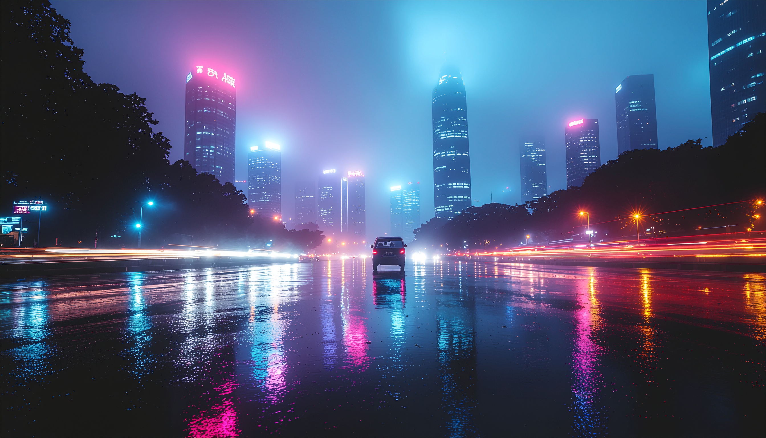 Paisagem urbana noturna com arranha-céus iluminados por néons coloridos. Ideal para ambientes que buscam um toque moderno e futurista. A cena apresenta um carro solitário em uma rua molhada, refletindo as luzes vibrantes ao redor. Perfeito para campanhas que promovem tecnologia ou estilo de vida urbano. A imagem evoca dinamismo e modernidade, sendo versátil para várias aplicações visuais.