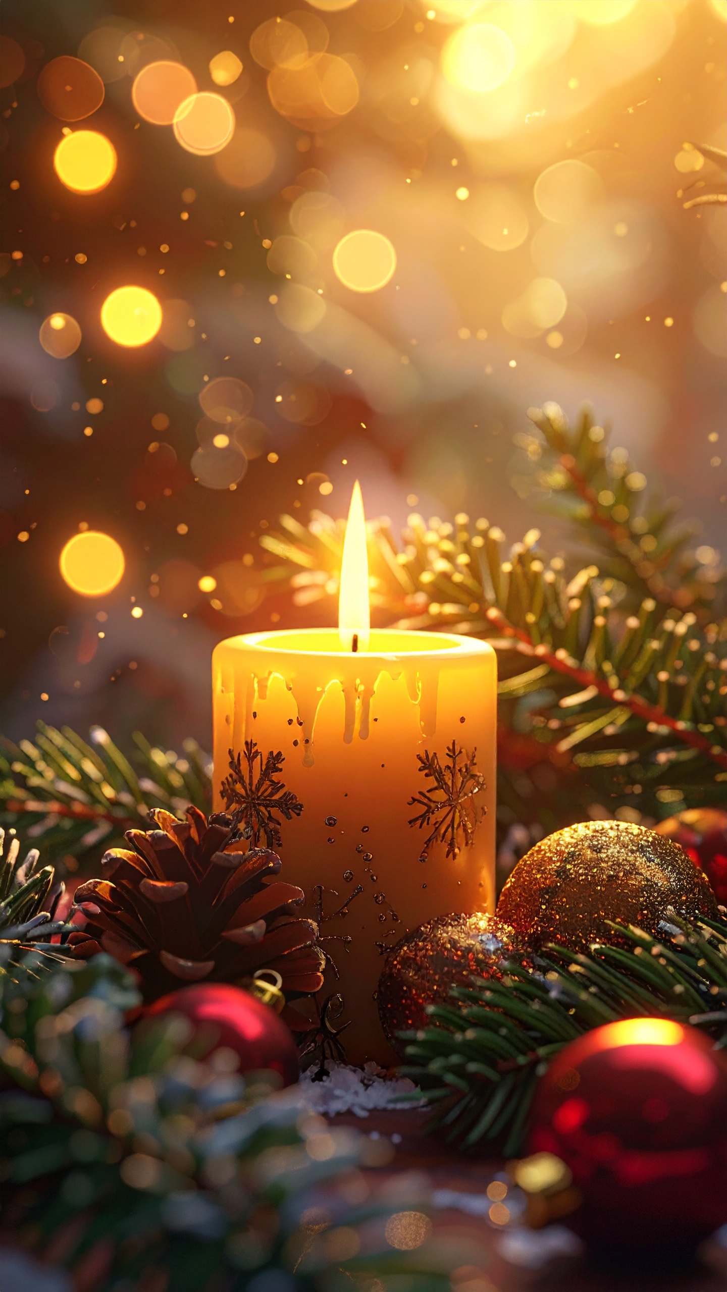 Festive Candle with Snowflakes and Christmas Ornaments