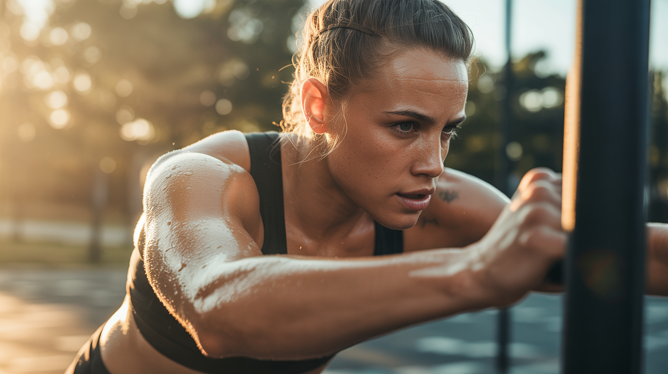 Atleta determinada exercita-se ao ar livre sob a luz suave do pôr do sol. Ideal para ilustrações de produtos fitness e motivação esportiva. O suor no corpo reflete o esforço e dedicação em um ambiente natural. Perfeito para campanhas de saúde e bem-estar ao ar livre. Transmite intensidade e foco no esporte.
