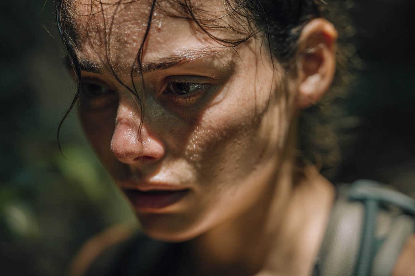 Close-up of a young woman with wet skin and natural makeup, captured in a forest setting with sunlight filtering through the trees, emphasizing her intense expression and deep gaze. Perfect for themes of adventure, nature, and emotional resilience.