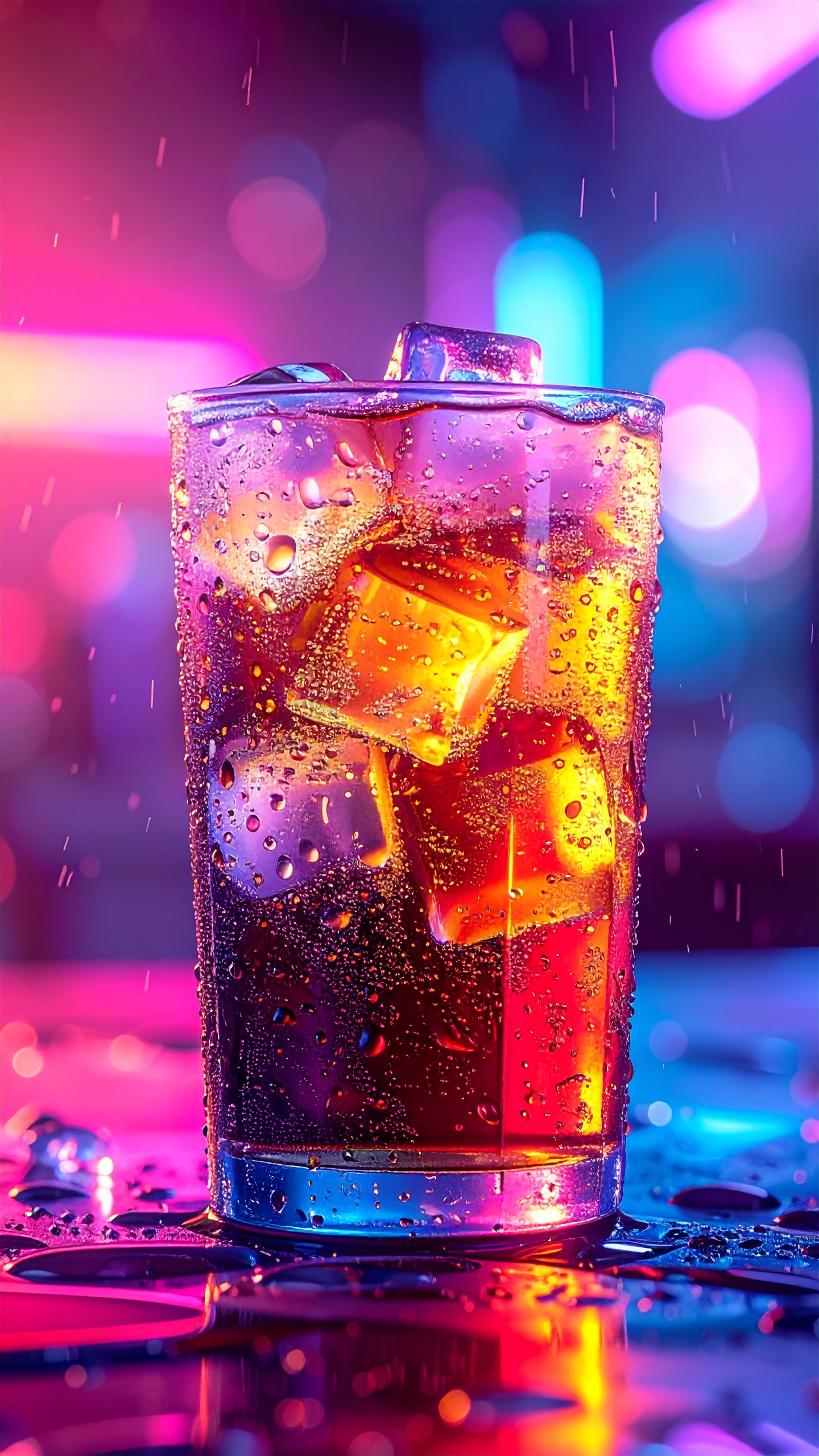 Chilled Drink Glass with Ice Cubes in Vibrant Neon Lighting