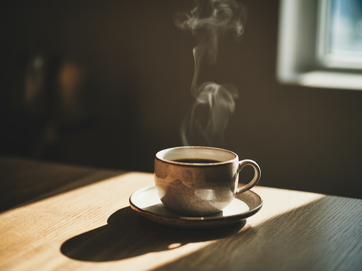 Steaming Coffee Cup on Wooden Table