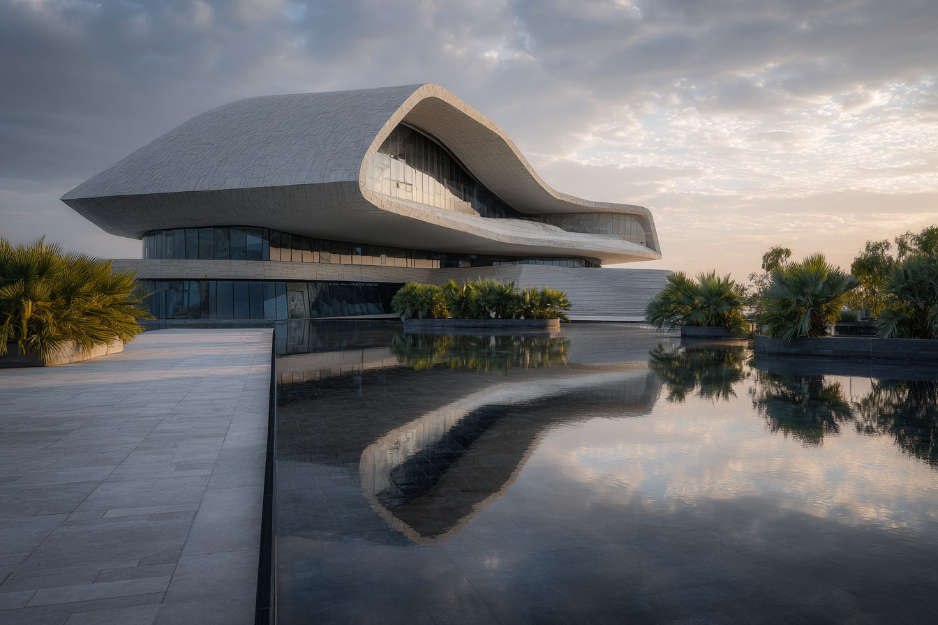 A imagem apresenta uma arquitetura moderna com formas curvas e fluidas, destacando-se contra um céu nublado. O edifício é predominantemente em tons de cinza claro e branco, refletindo suavemente na superfície de água tranquila à sua frente. A vegetação verde ao redor contrasta com a estrutura, criando um ambiente harmonioso.