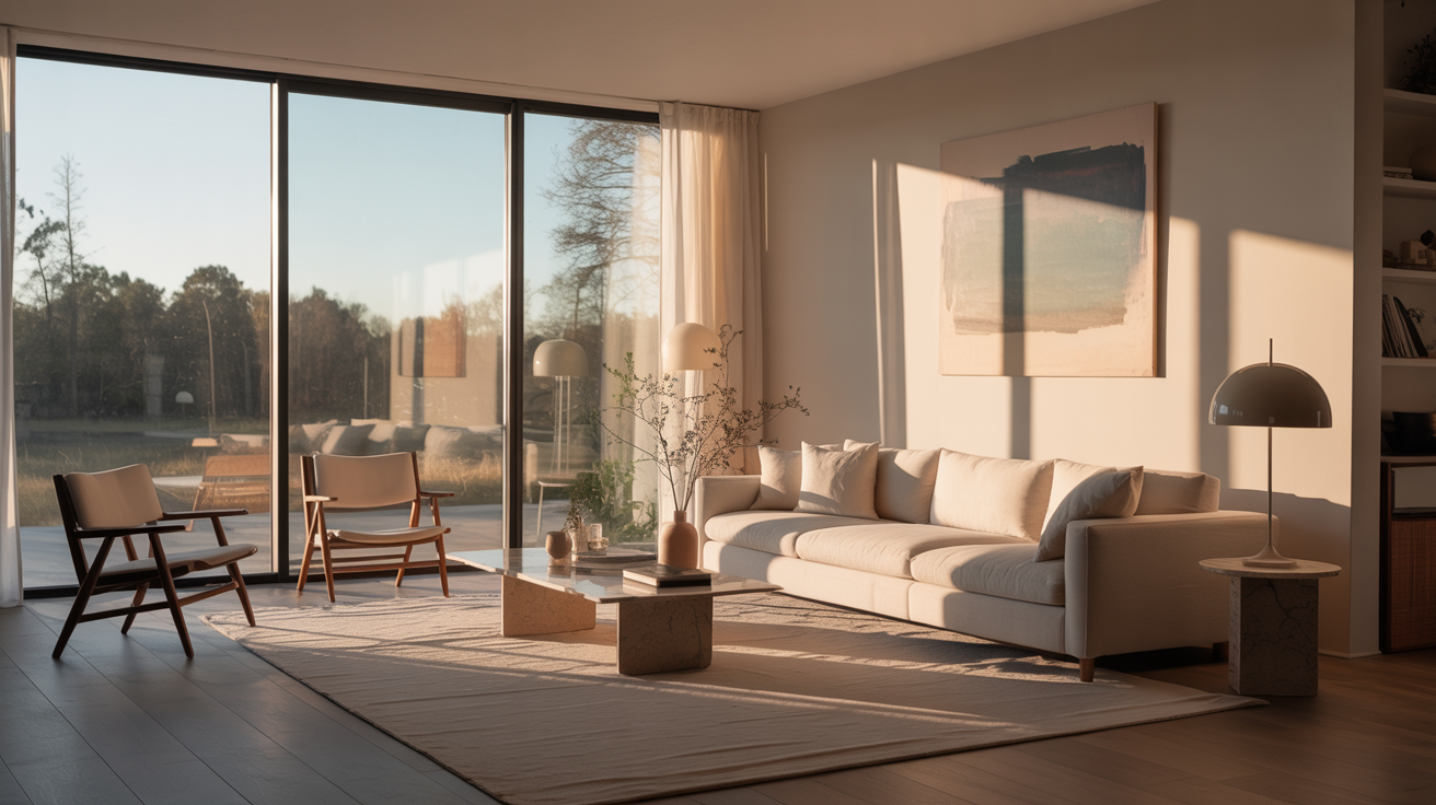 A modern living room features a minimalist design with a cozy beige sofa and two stylish armchairs
