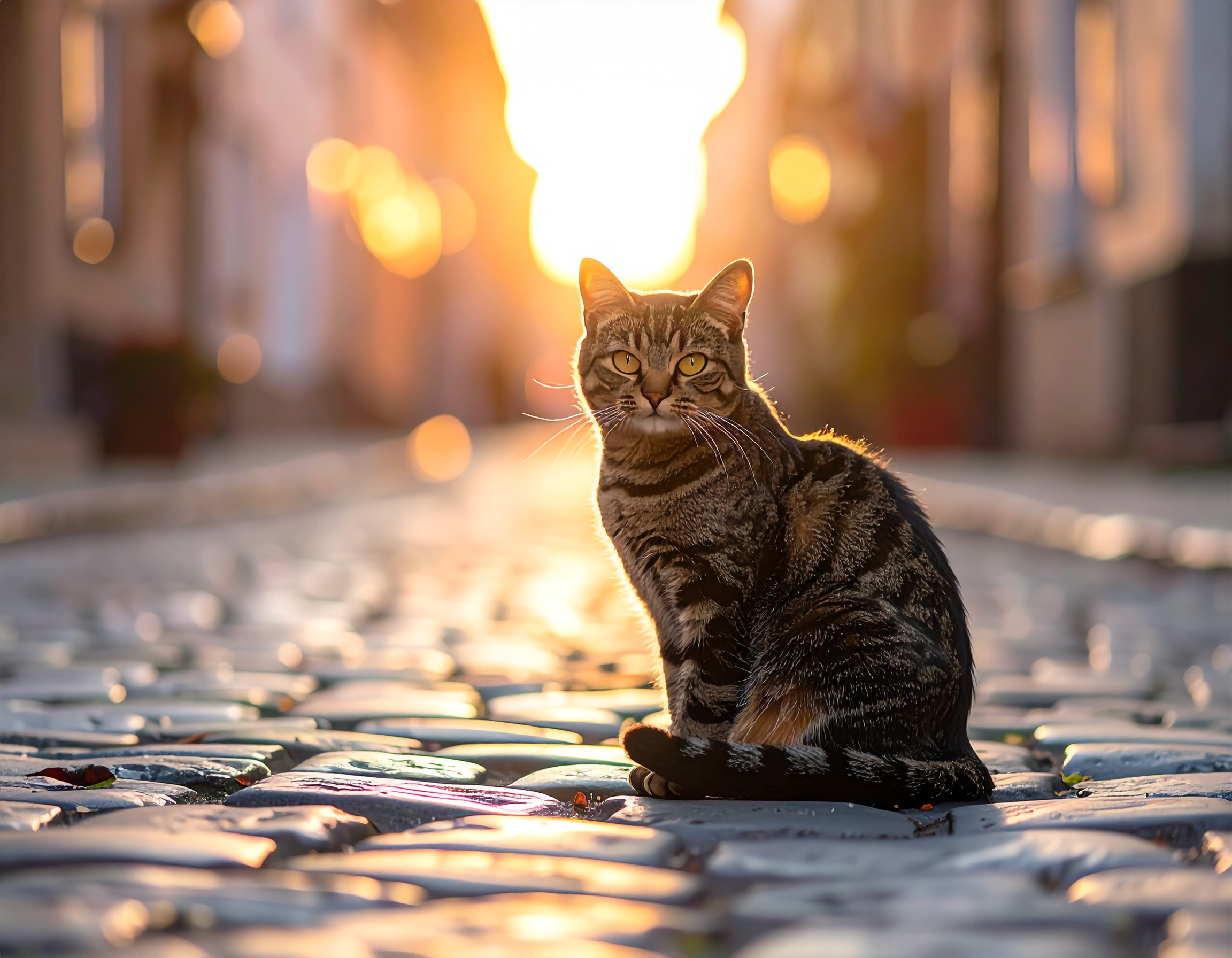 Gato listrado sentado em rua de paralelepípedos ao pôr do sol, com luz dourada criando um efeito bokeh ao fundo, destacando as texturas do pelo e pavimento. A cena transmite tranquilidade, com foco suave no felino e profundidade de campo rasa, capturando a essência de um fim de dia em um ambiente urbano.