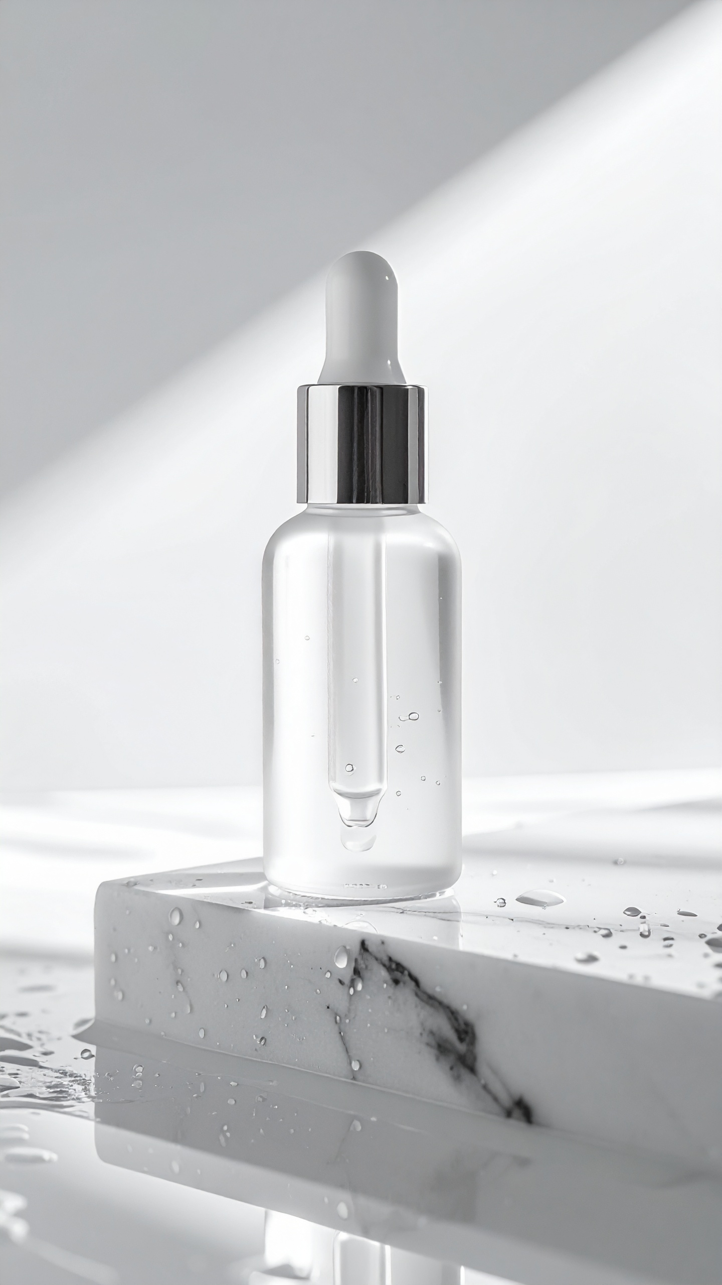 Transparent dropper bottle displayed on a white marble surface