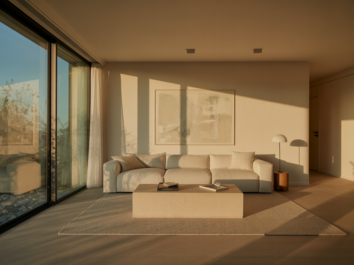 A sunlit modern living room with a large beige couch and minimalist decor