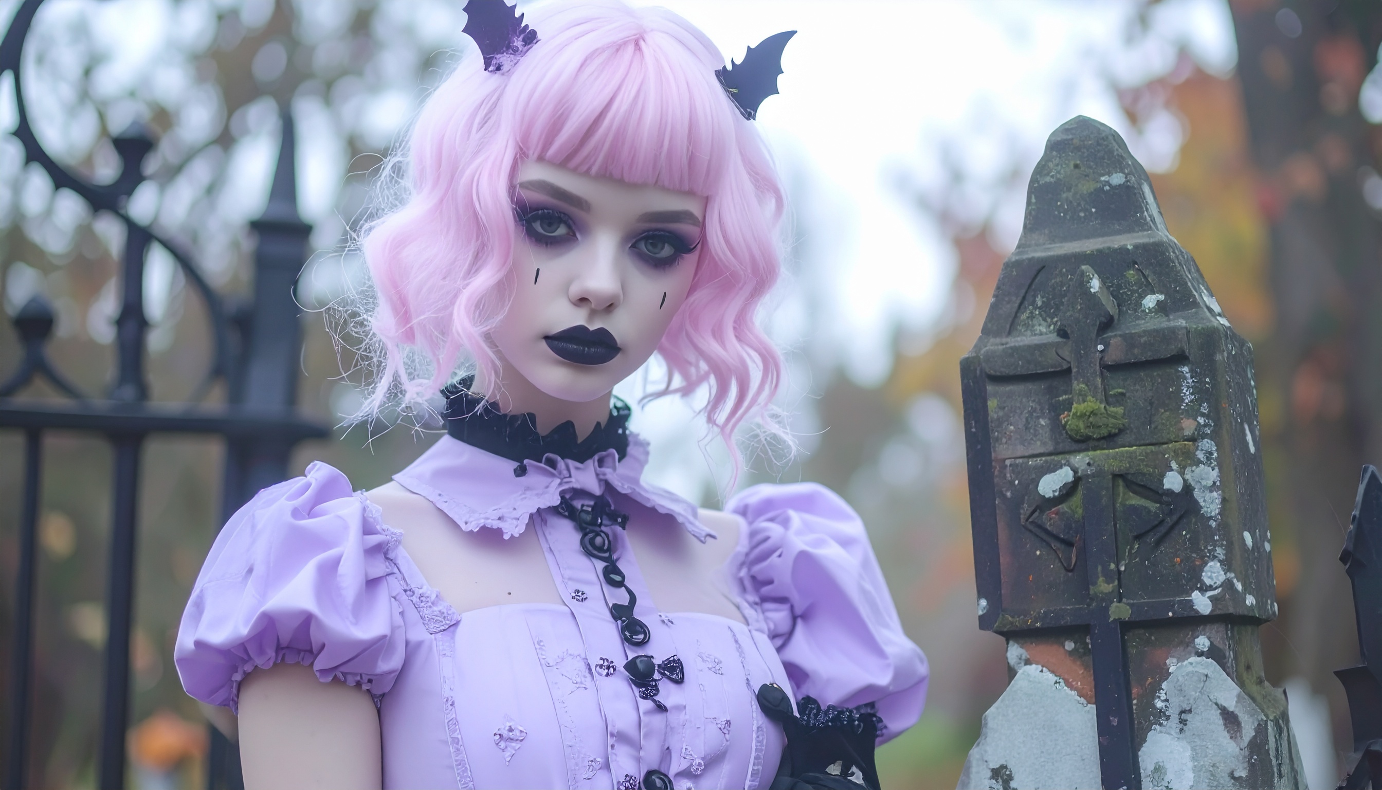A person with pastel pink hair and gothic attire poses near a stone structure