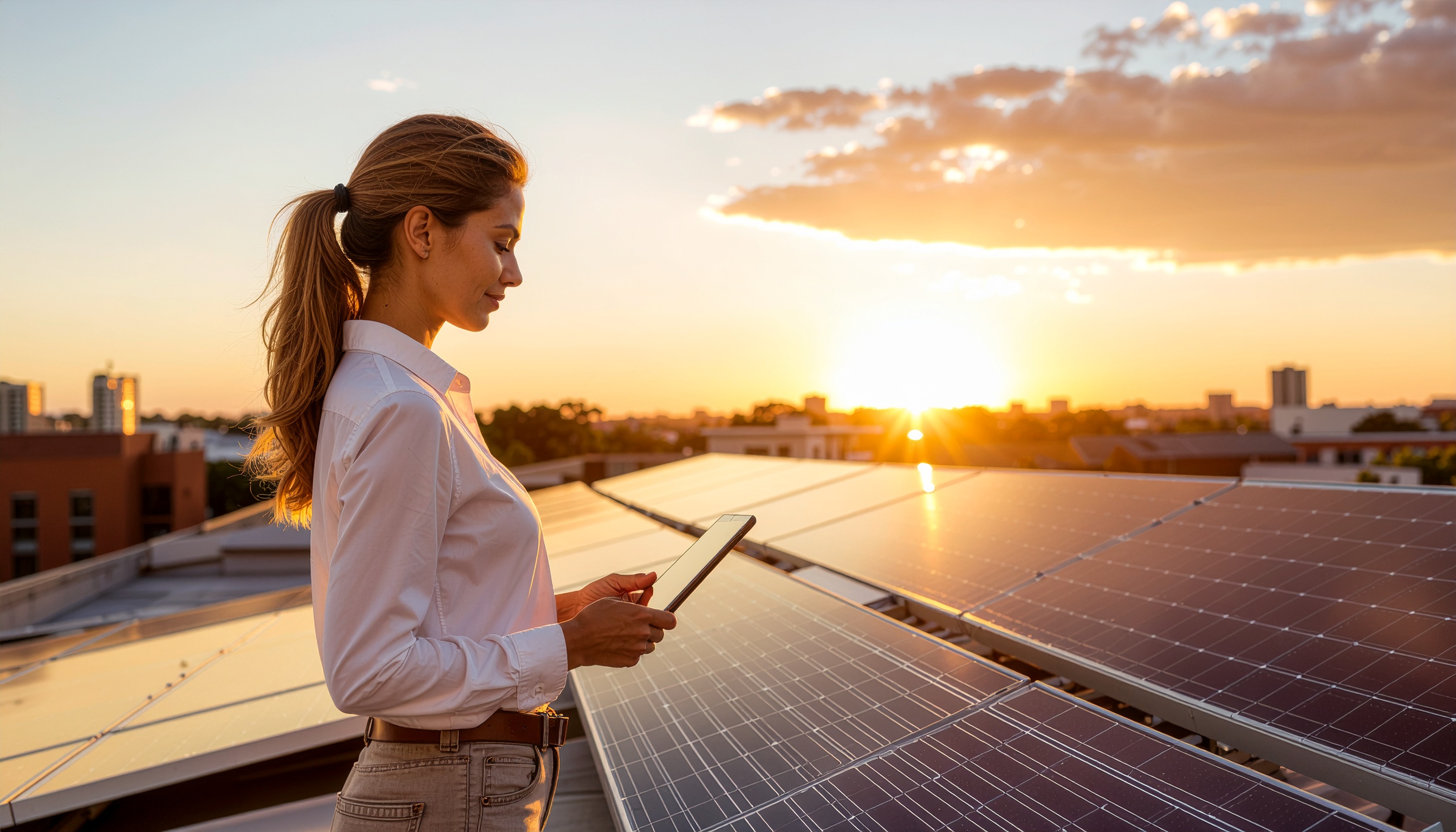 Mulher analisando painéis solares ao pôr do sol em um telhado urbano, simbolizando inovação e sustentabilidade. A cena transmite serenidade e determinação com luz dourada.