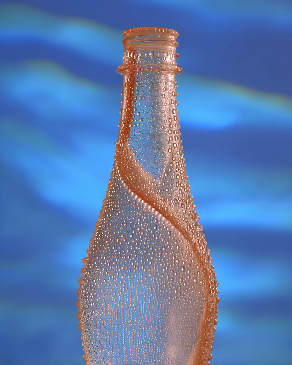 Garrafa de vidro com design espiral coberta por gotas de água, sobre fundo azul ondulante, evoca frescor e design moderno em fotografia de produto.