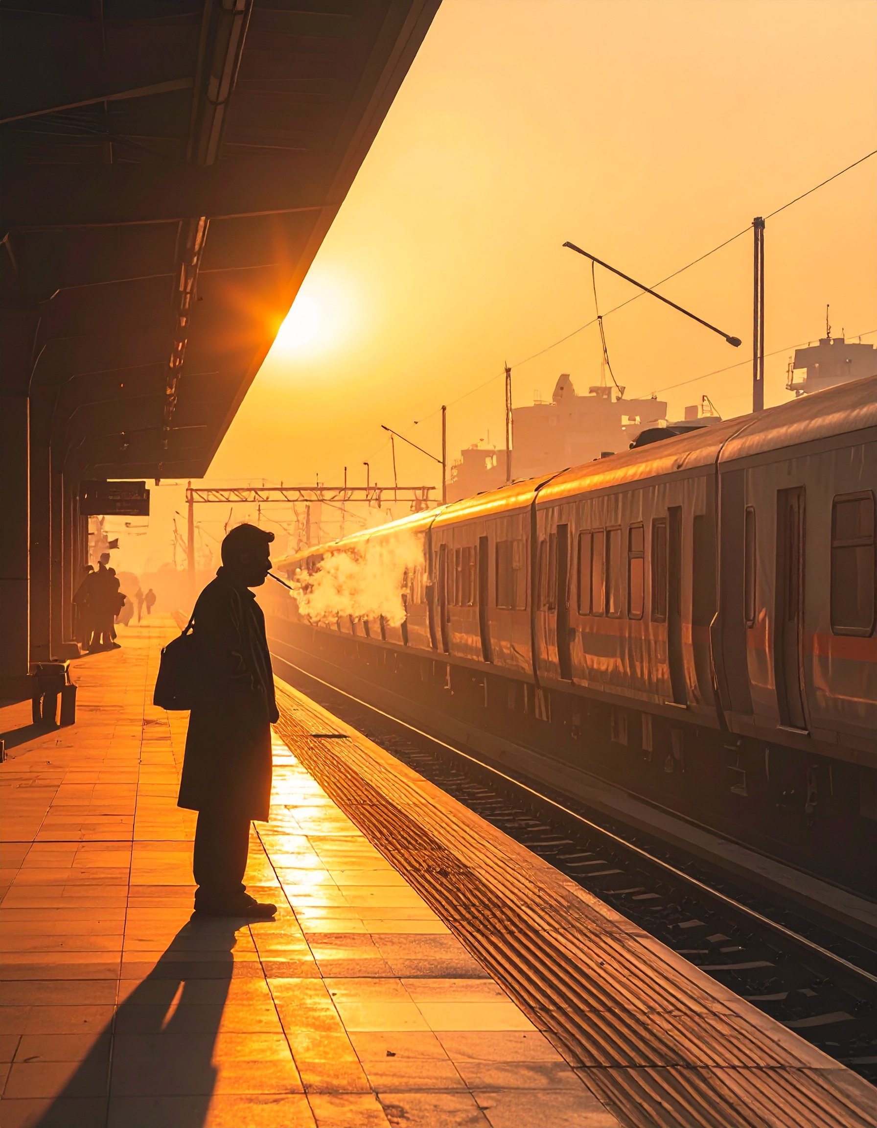 A silhouette of a person stands at a train platform during a golden sunrise