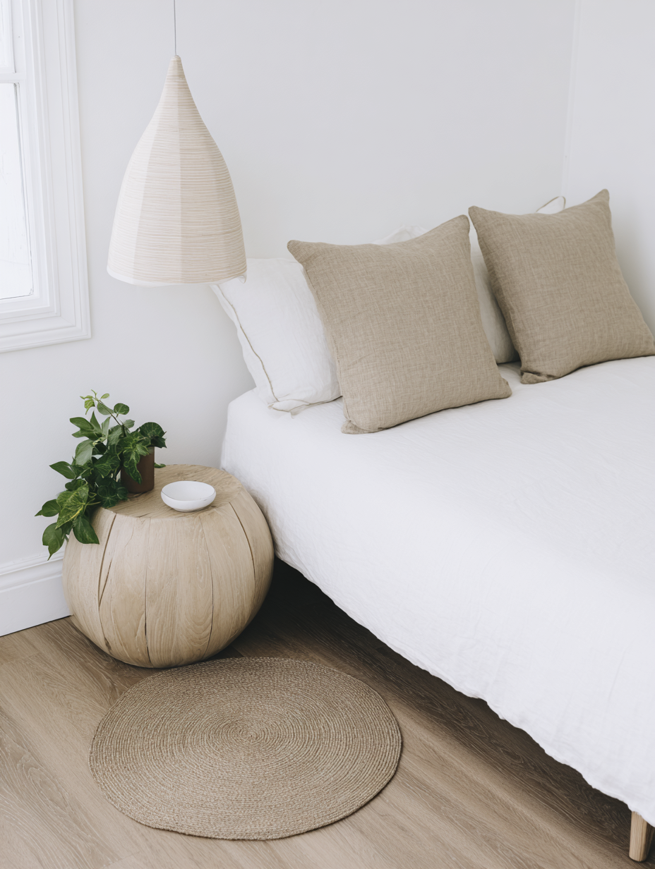 Quarto minimalista com cama de lençóis brancos e almofadas bege, mesa de madeira clara com planta decorativa, luminária pendente em design moderno e tapete redondo em tom natural. A luz suave e a paleta neutra criam uma atmosfera relaxante e acolhedora.