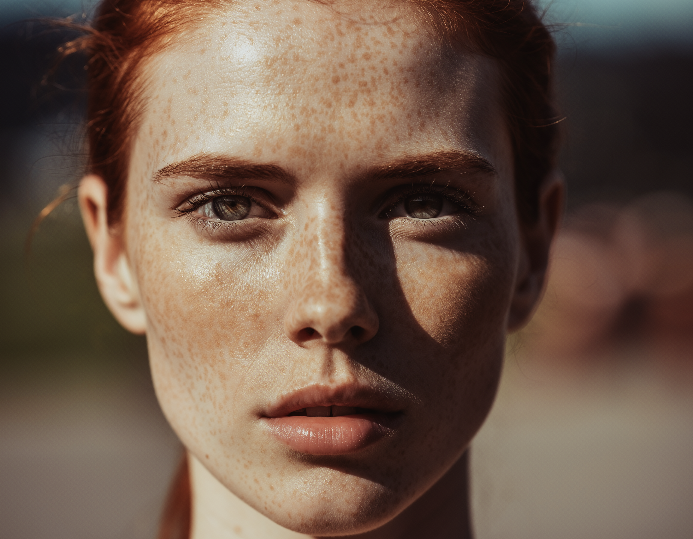 Retrato em close de uma jovem com sardas, cabelo ruivo e olhar intenso. A iluminação suave e natural realça a textura da pele e os detalhes faciais, criando uma atmosfera serena e contemplativa. O fundo desfocado destaca o foco nítido no rosto, compondo uma imagem minimalista e impactante.