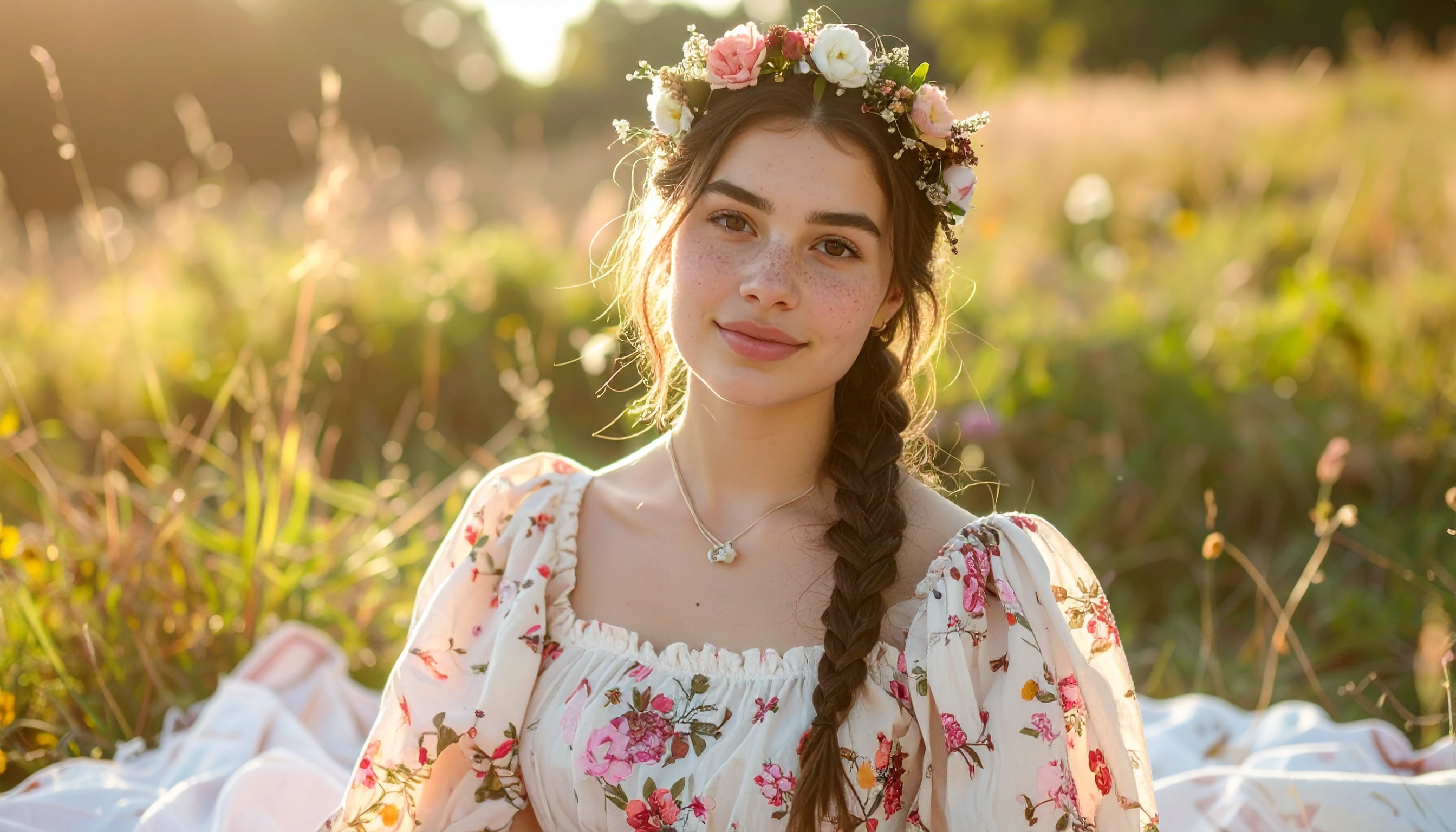 A young woman wearing a floral dress and a flower crown sits in a sunlit meadow