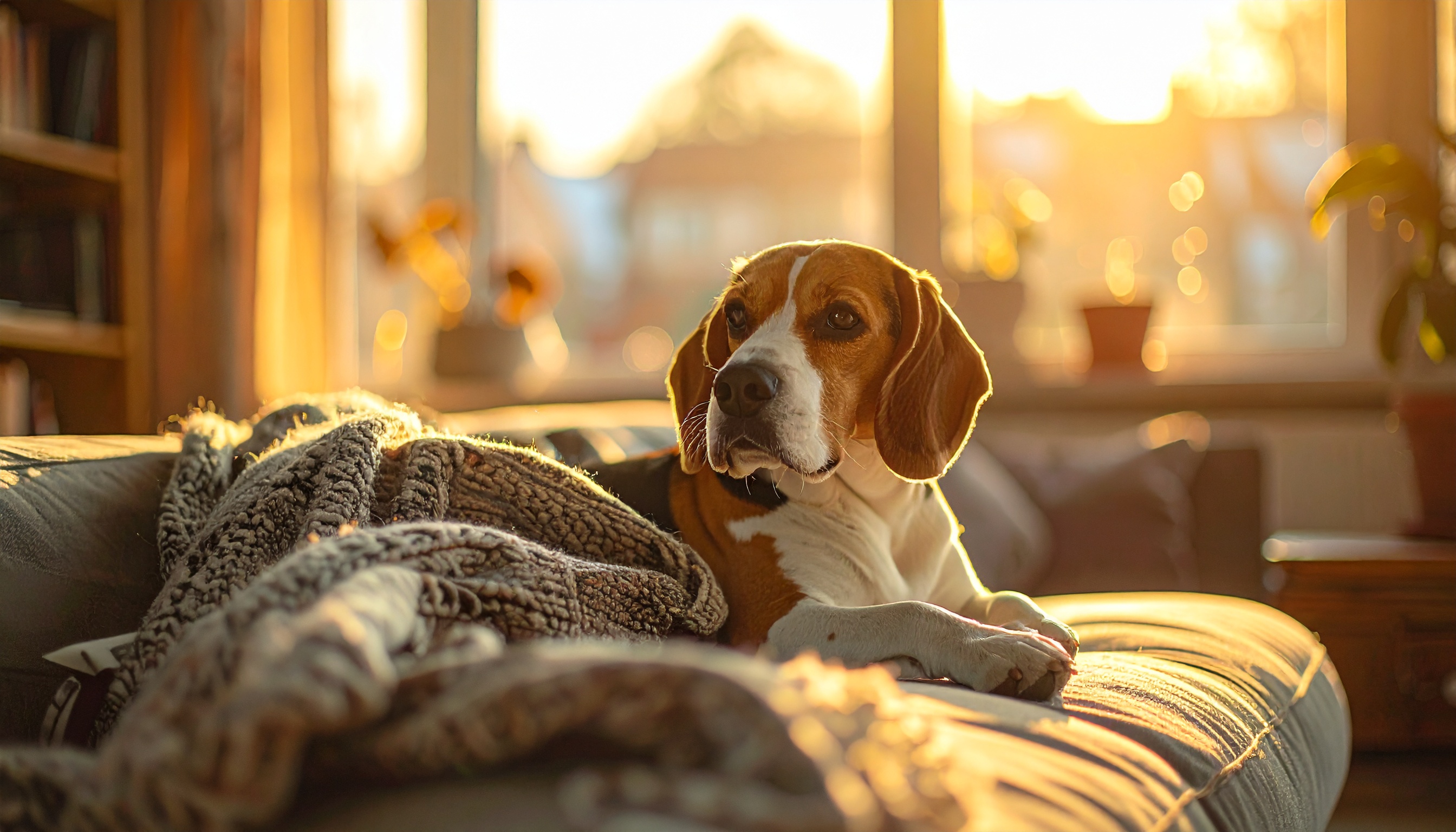 Cão beagle repousando em um sofá coberto por uma manta tricotada, em uma sala iluminada pela luz suave do pôr do sol que entra pela janela ao fundo. A atmosfera é acolhedora e tranquila, com foco nítido no cachorro em primeiro plano, enquanto o fundo desfocado adiciona profundidade à composição.