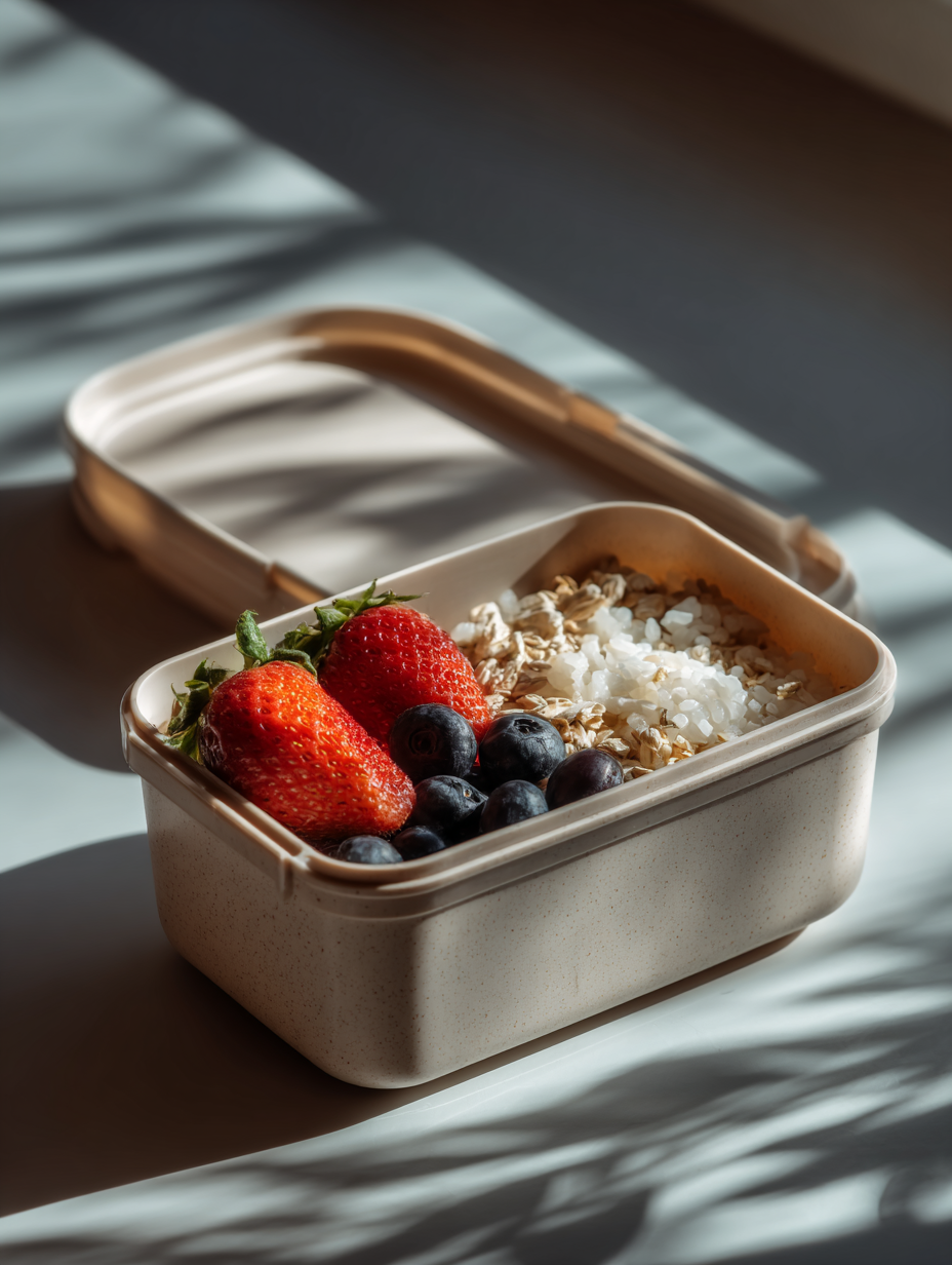 Uma lancheira de cor neutra contendo morangos, mirtilos, arroz e cereais, iluminada por luz natural suave. A composição minimalista destaca as cores vibrantes das frutas contra o fundo claro, criando um efeito visual atraente. A cena é capturada de um ângulo ligeiramente elevado, enfatizando a textura e a frescura dos ingredientes.