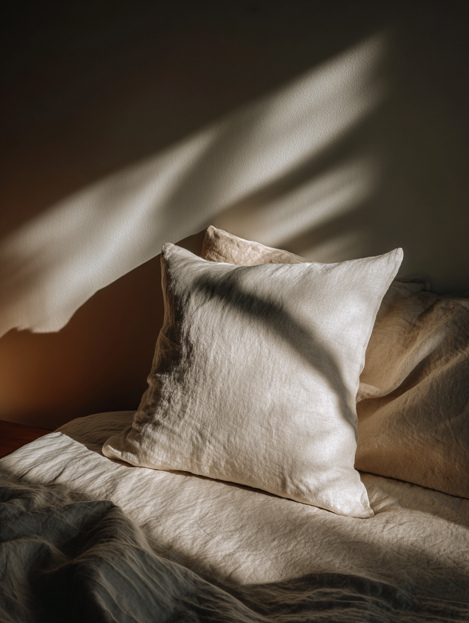 Travesseiro de linho bege em ambiente minimalista, iluminado por luz suave e sombras delicadas, criando uma atmosfera de tranquilidade e conforto sofisticado.