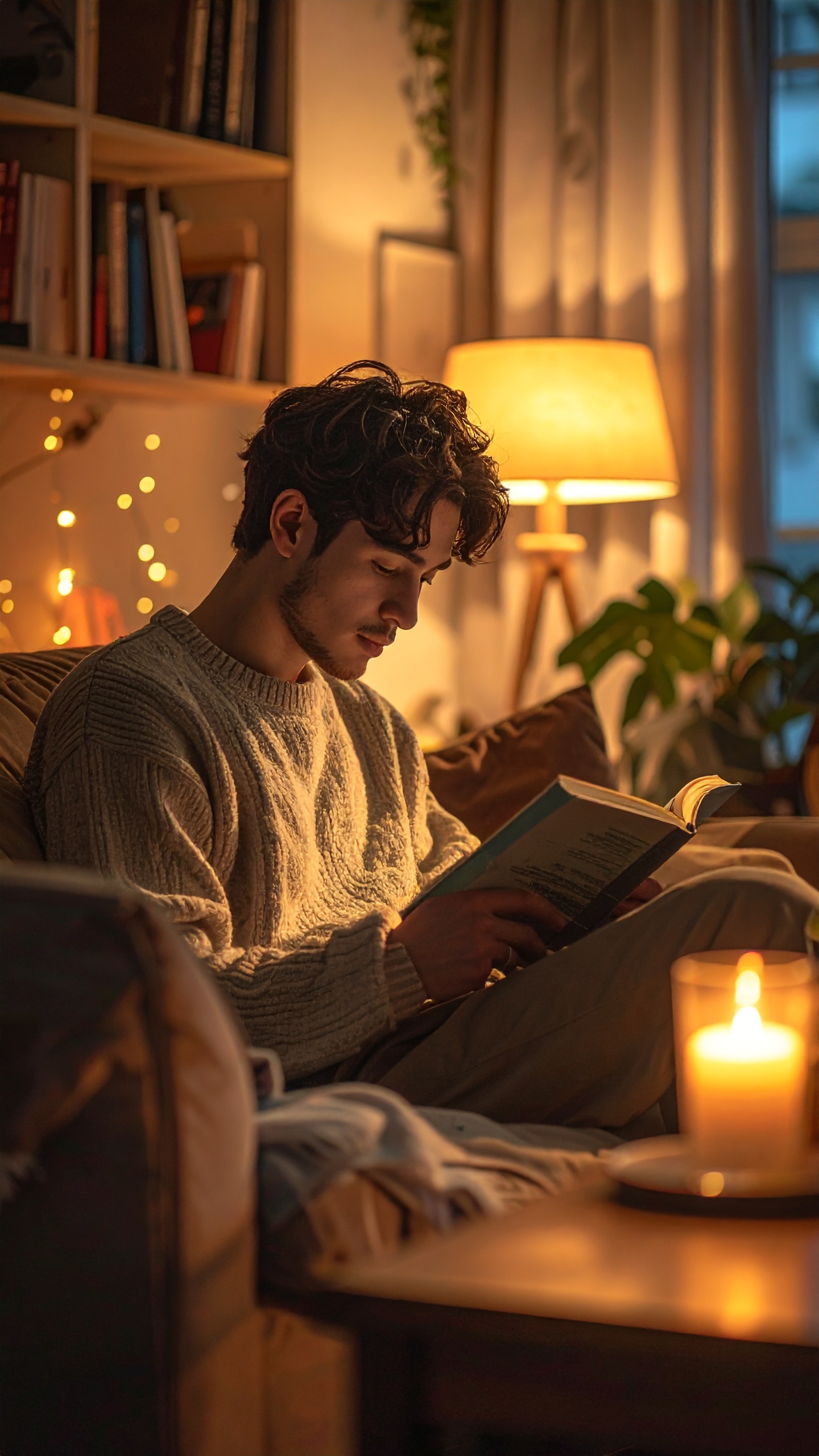 A young man enjoys a cozy reading session on a comfortable couch