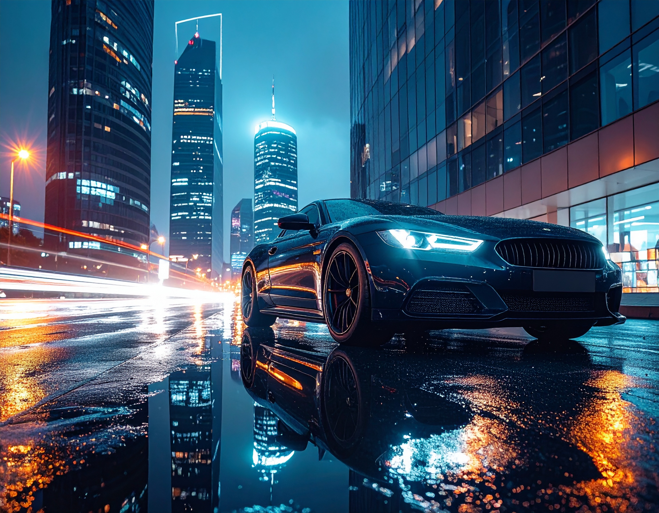 A sleek modern sports car is parked on a wet street in a vibrant cityscape