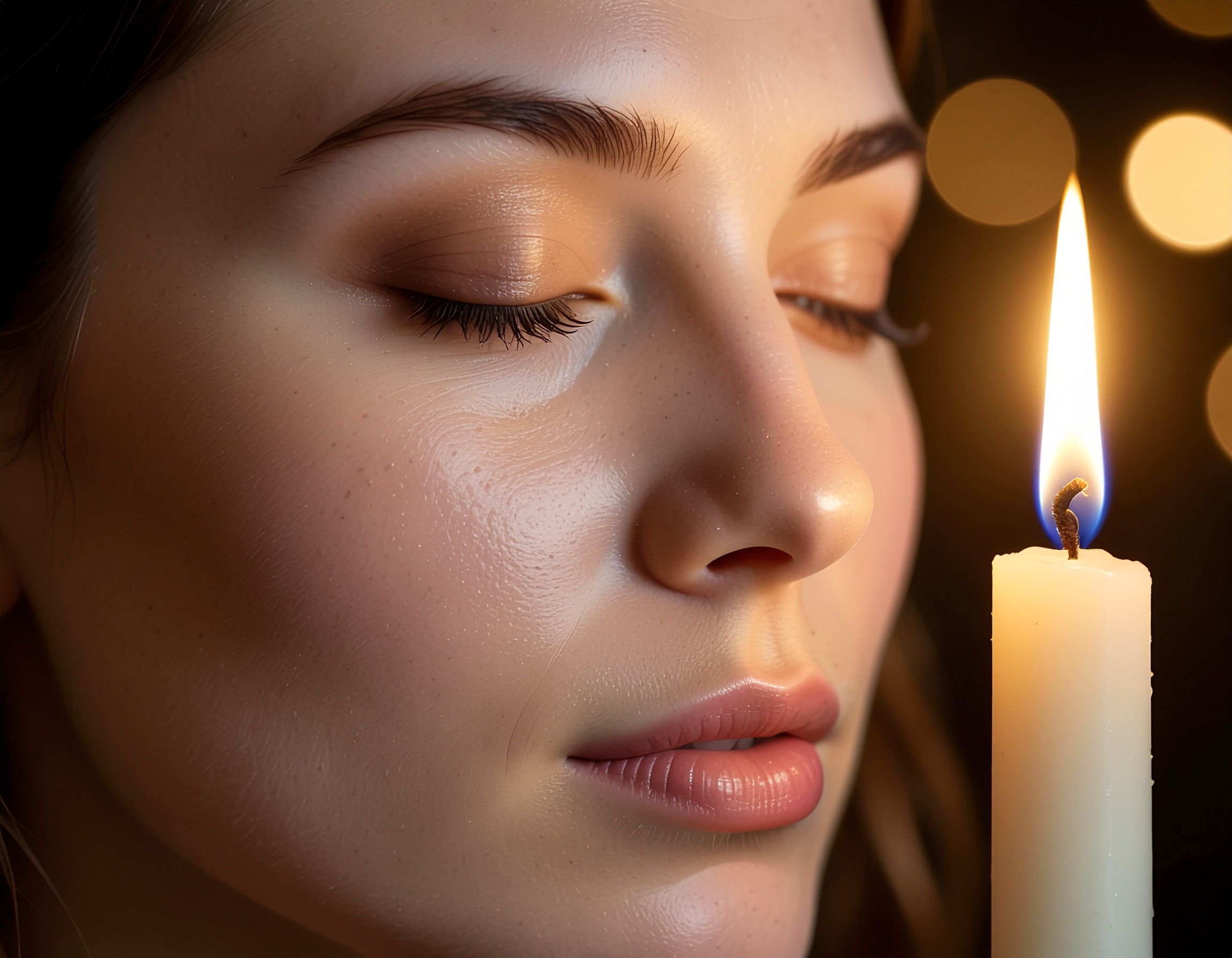 Retrato de uma mulher com olhos fechados, iluminada por uma vela acesa próxima ao rosto, em um ambiente escuro. A luz suave destaca a textura da pele e cria uma atmosfera serena e contemplativa, com foco nítido e fundo desfocado, gerando um efeito bokeh.
