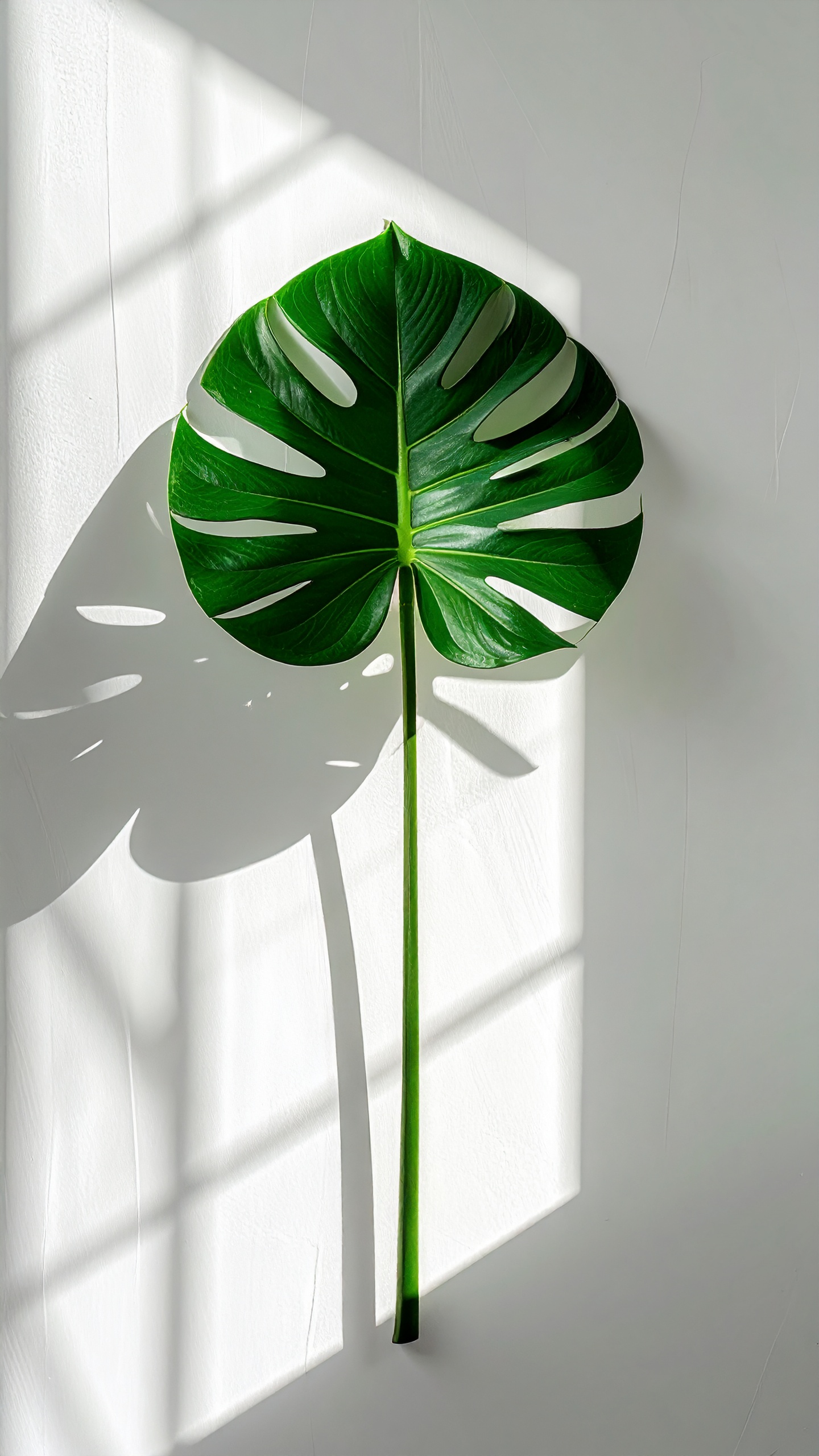 A vibrant Monstera leaf casts a shadow against a white wall, showcasing its natural elegance