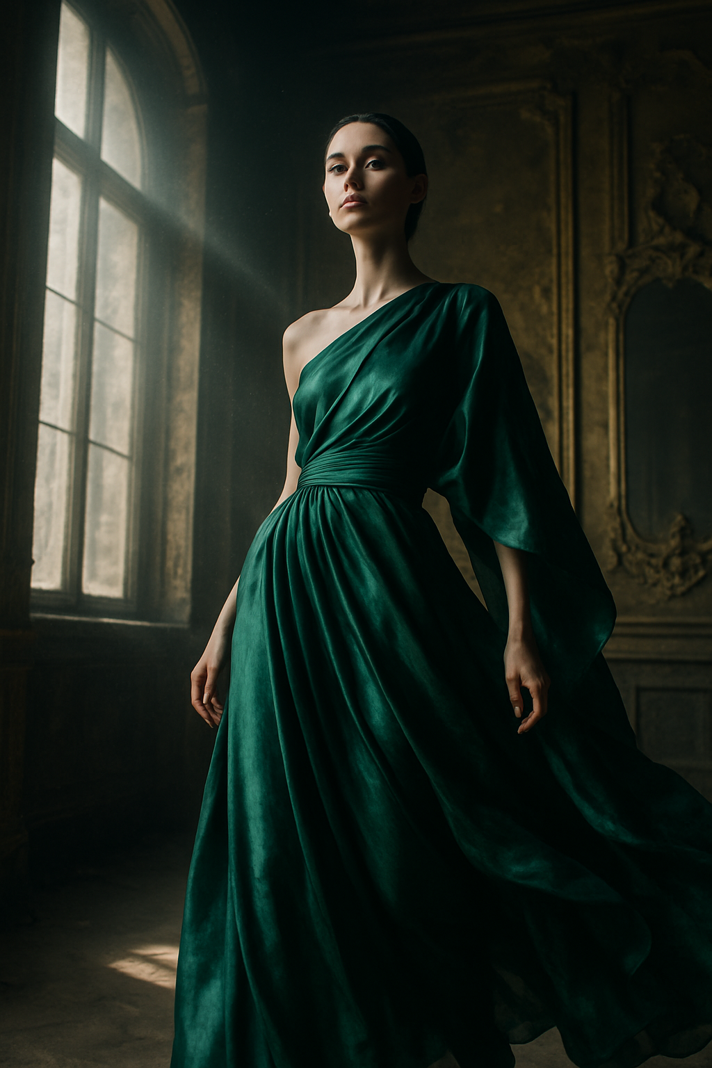 A woman wears an elegant, dark green evening gown in a dimly lit, vintage room