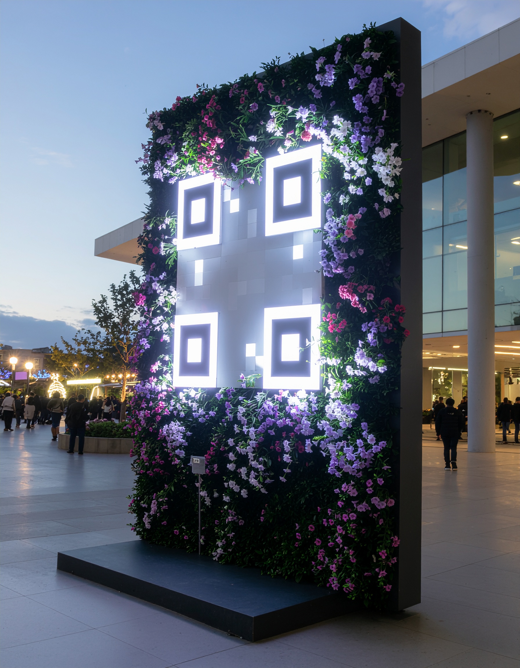 QR Code iluminado integrado em um painel floral em espaço público. Ideal para campanhas publicitárias ou atrações interativas, combinando tecnologia e natureza. Flores coloridas cercam o código, criando um contraste visual marcante. Perfeito para eventos ao ar livre ou espaços comerciais inovadores. A instalação oferece uma experiência imersiva e moderna.