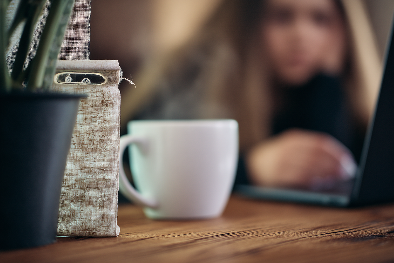 Uma cena de trabalho em casa com uma xícara de café branca e um recipiente de tecido ao lado de uma planta em vaso, com uma pessoa desfocada ao fundo utilizando um laptop. A mesa de madeira proporciona um ambiente acolhedor e confortável para produtividade.