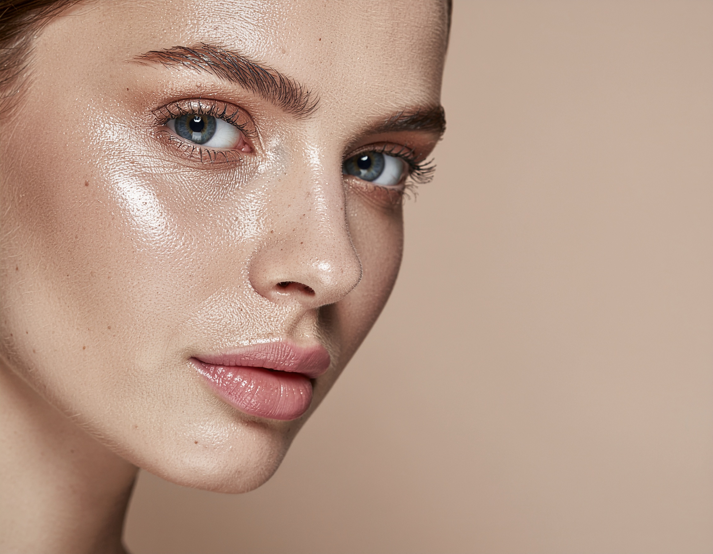 Close-up de um rosto feminino focando na pele radiante e hidratada. Ideal para destacar produtos de cuidados com a pele, como hidratantes e séruns. A imagem mostra detalhes como a textura suave da pele e o brilho saudável. Perfeita para uso em campanhas publicitárias de cosméticos, especialmente em ambientes digitais. Destaca a eficácia de produtos para uma pele saudável e bem cuidada.