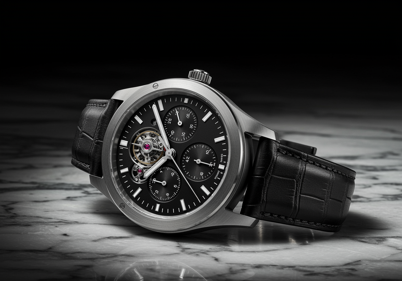 A sleek luxury wristwatch with a black leather strap and a silver case