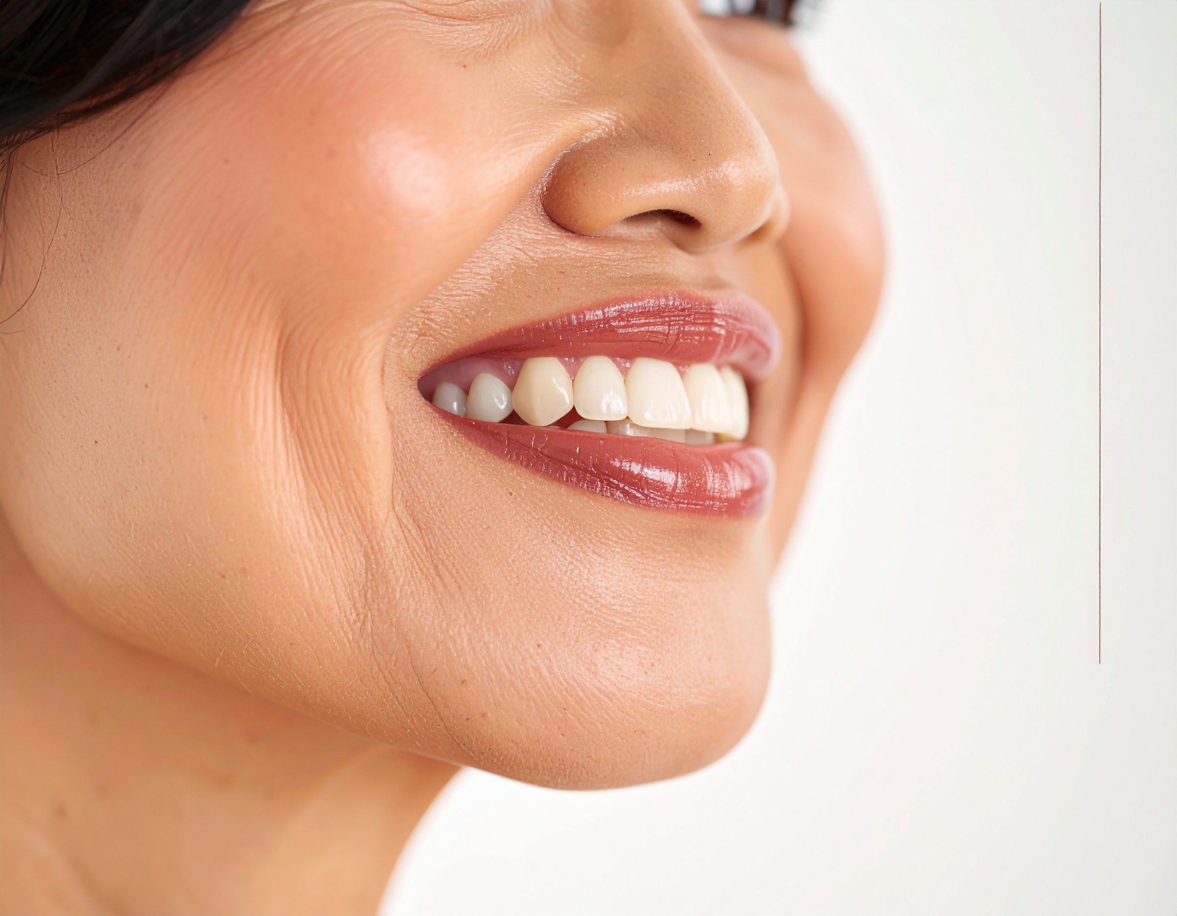 A close-up of a person's smiling face highlights bright, well-aligned teeth and glossy lips
