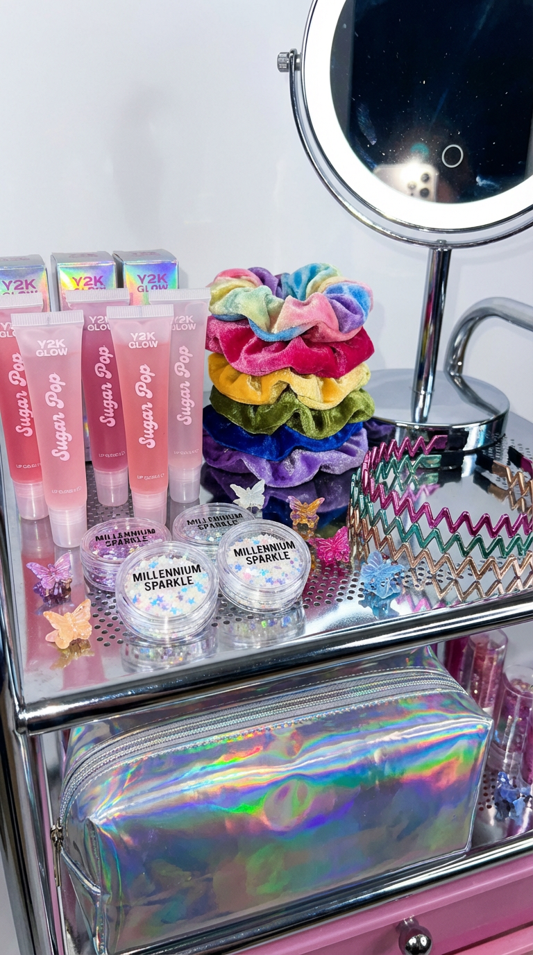 A colorful vanity setup features retro-inspired cosmetics and accessories