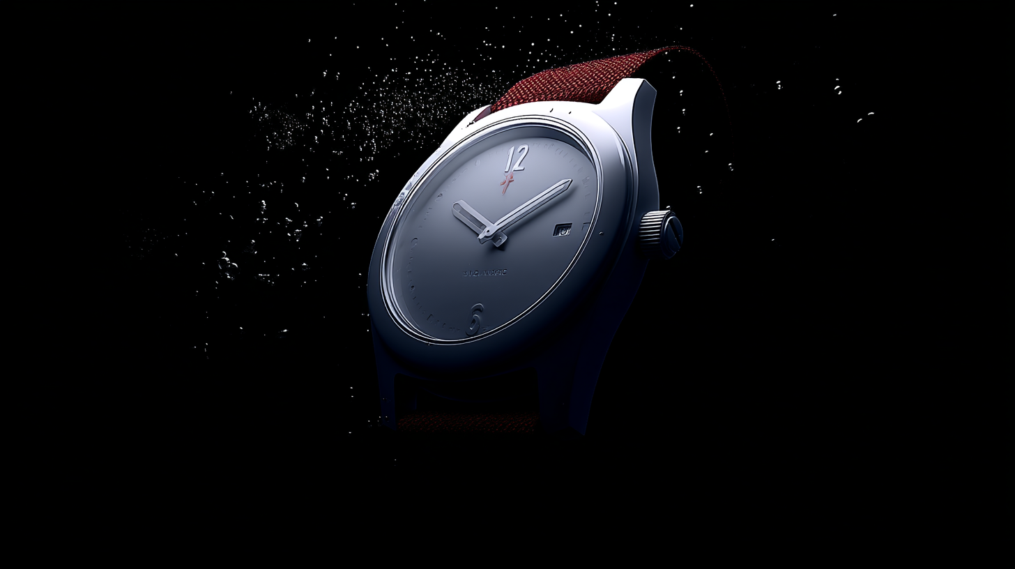 Relógio elegante com mostrador azul profundo, ponteiros prateados, detalhes vermelhos, pulseira texturizada, iluminação dramática em fundo preto, bolhas sugerindo submersão, estilo sofisticado e moderno.